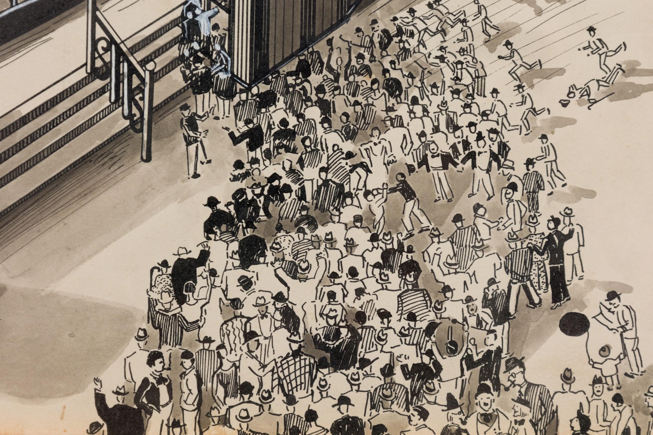 Dorato Disegno di parco divertimenti ad inchiostro Art Deco in vendita