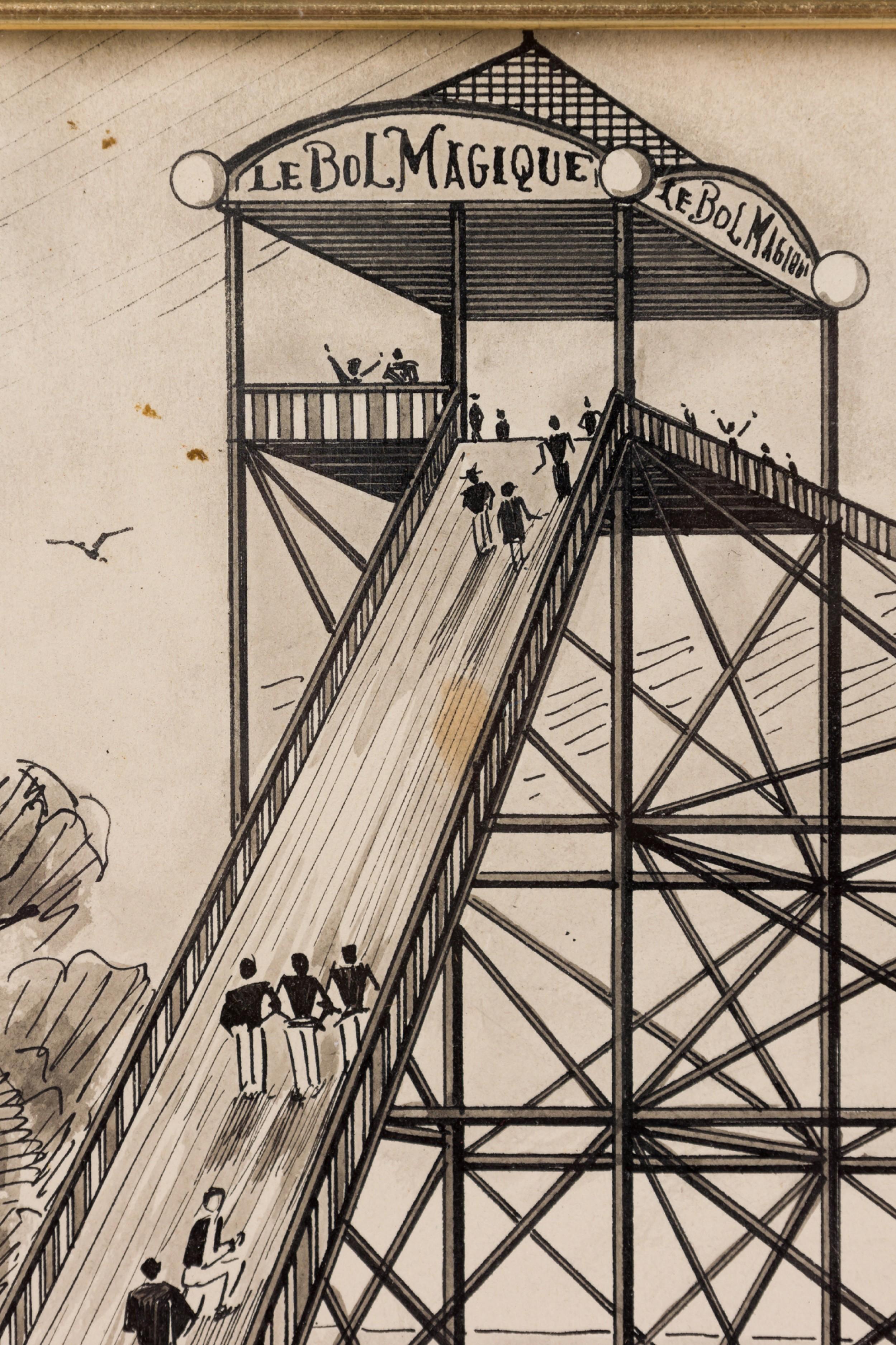 Dorato Disegno di parco divertimenti ad inchiostro Art Deco in vendita