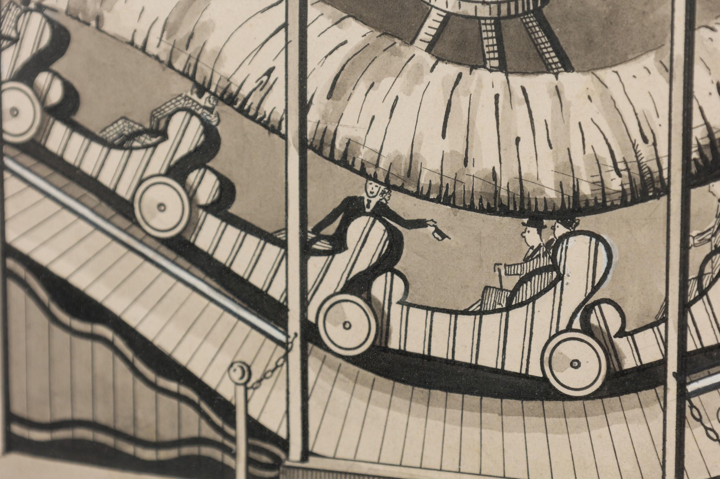 XX secolo Disegno di parco divertimenti ad inchiostro Art Deco in vendita