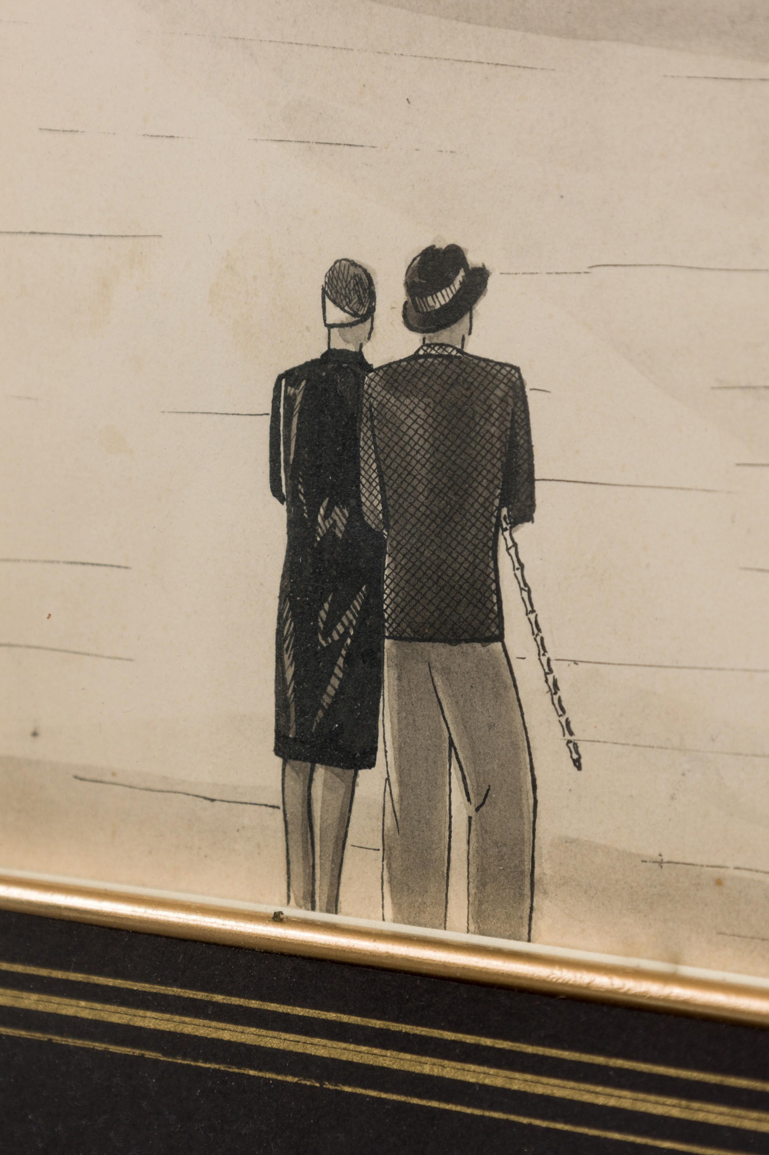 Legno Disegno di parco divertimenti ad inchiostro Art Deco in vendita