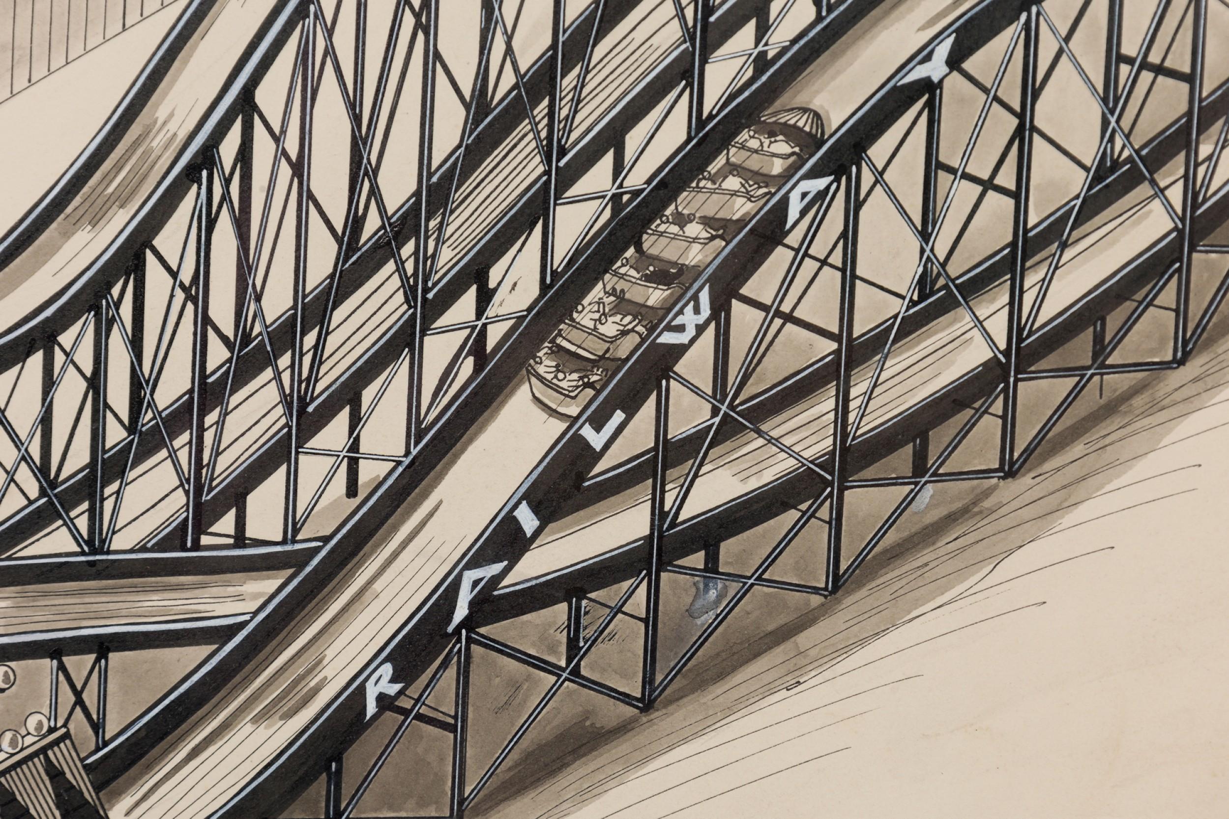 Legno Disegno di parco divertimenti ad inchiostro Art Deco in vendita