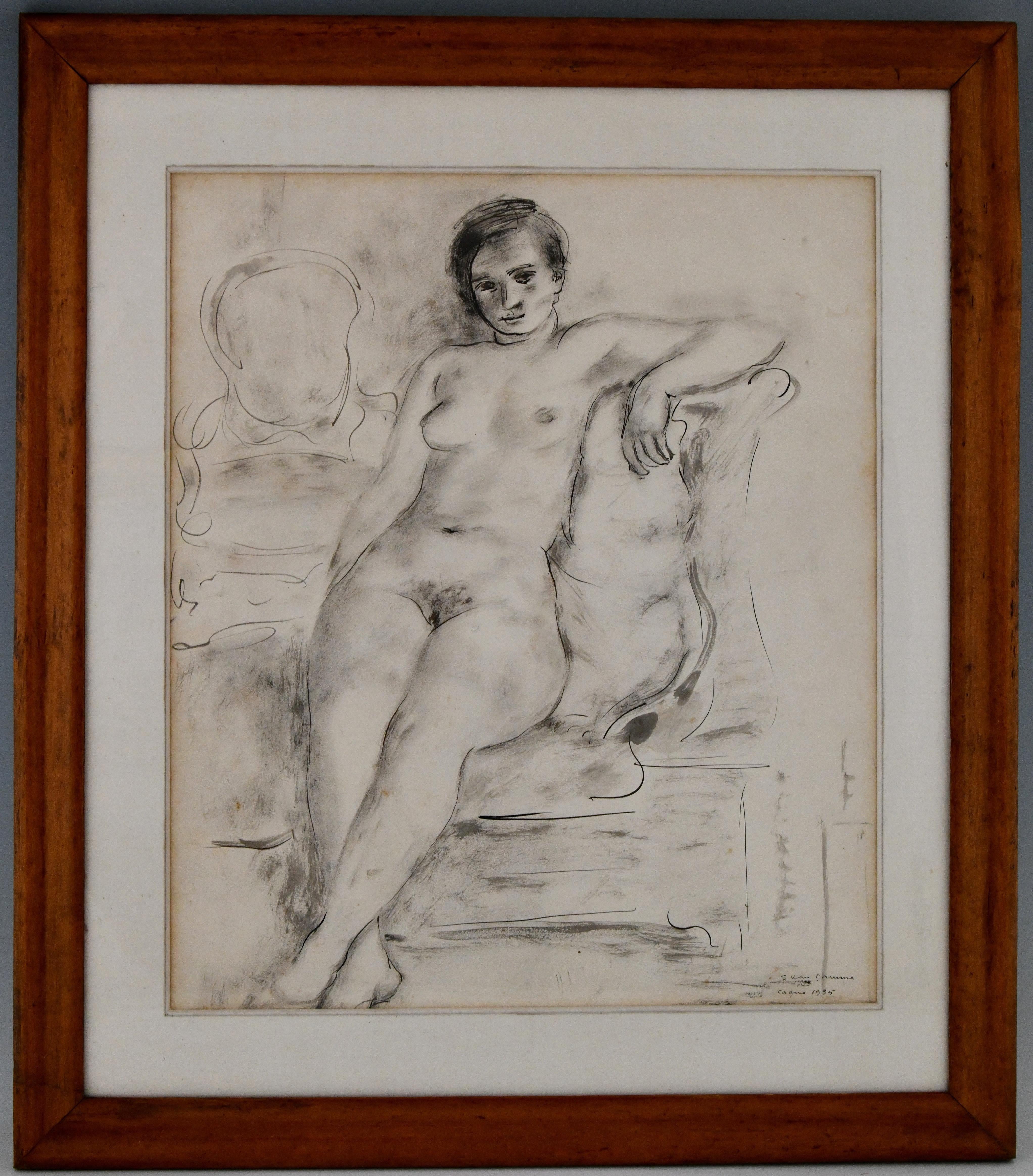 Art Deco ink drawing of a seated nude by Suzanne van Damme, signed and dated 1935. 
In wooden frame.
Dimensions framed:
L. 67.5 cm. x H. 77 cm. x W. 4 cm. 
L. 26.6 inch. X H. 30.3 inch x W. 1.6 inch.
Unframed:
L. 48 cm. x H. 56 cm. 
L. 18.9