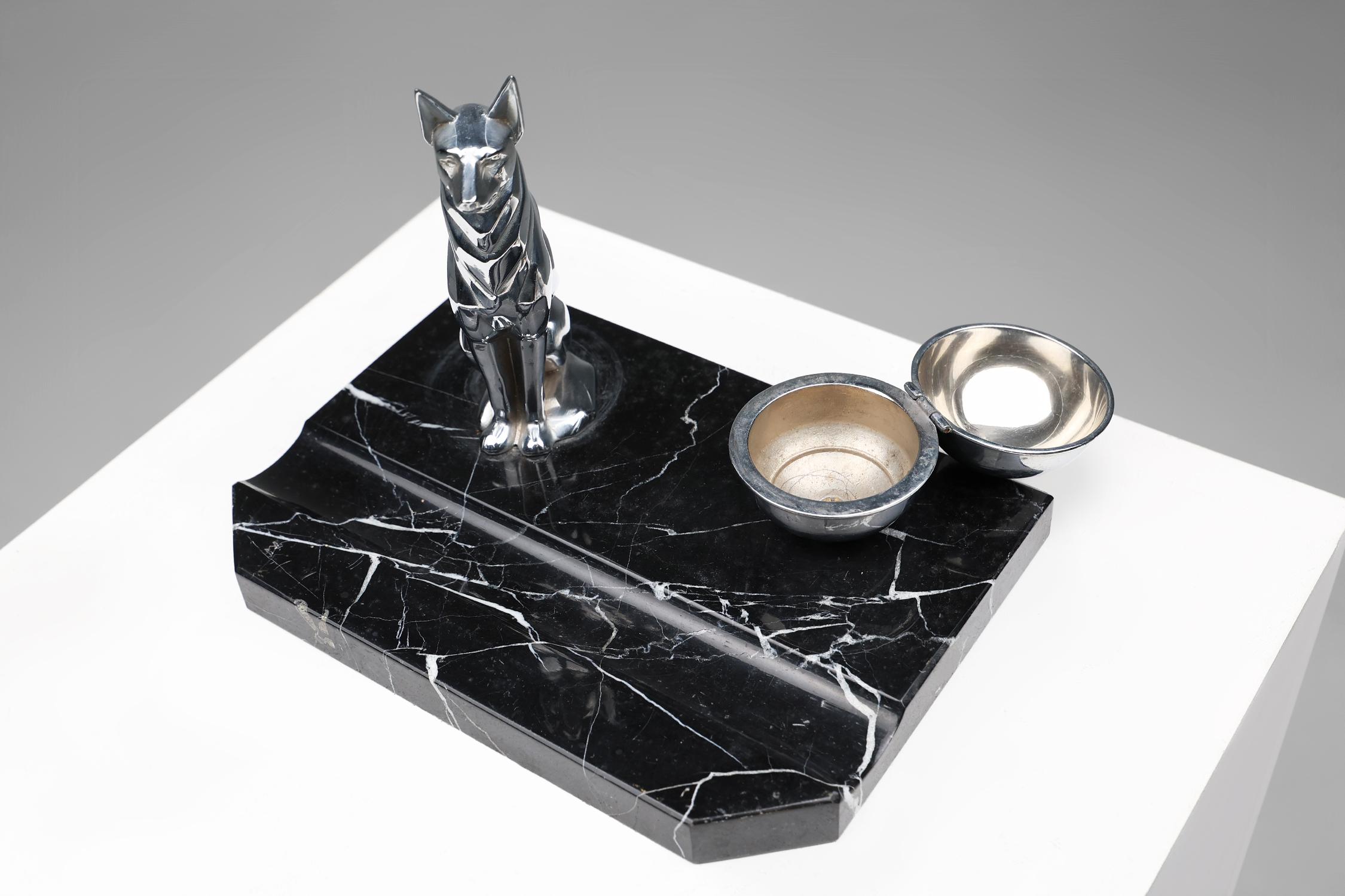 Art Deco inktwell in chrome and marble with statue of a dog, France 1930s 4