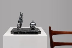 Art Deco inktwell in chrome and marble with statue of a dog, France 1930s