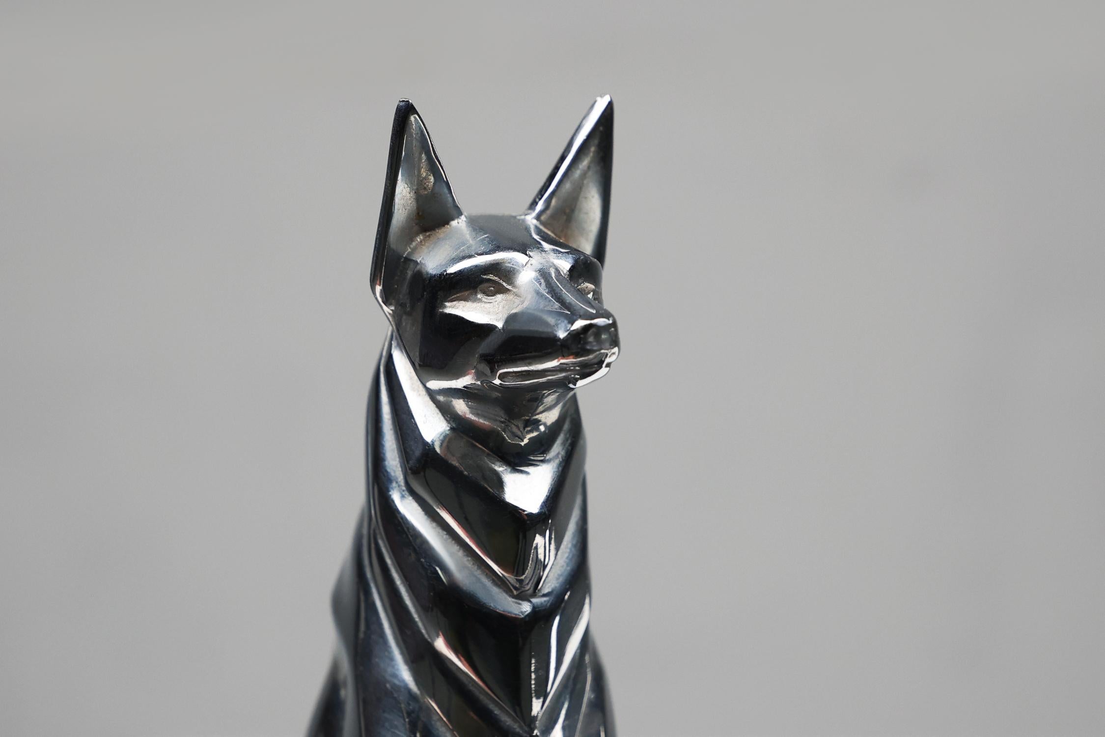 French Art Deco inktwell in chrome and marble with statue of a dog, France 1930s