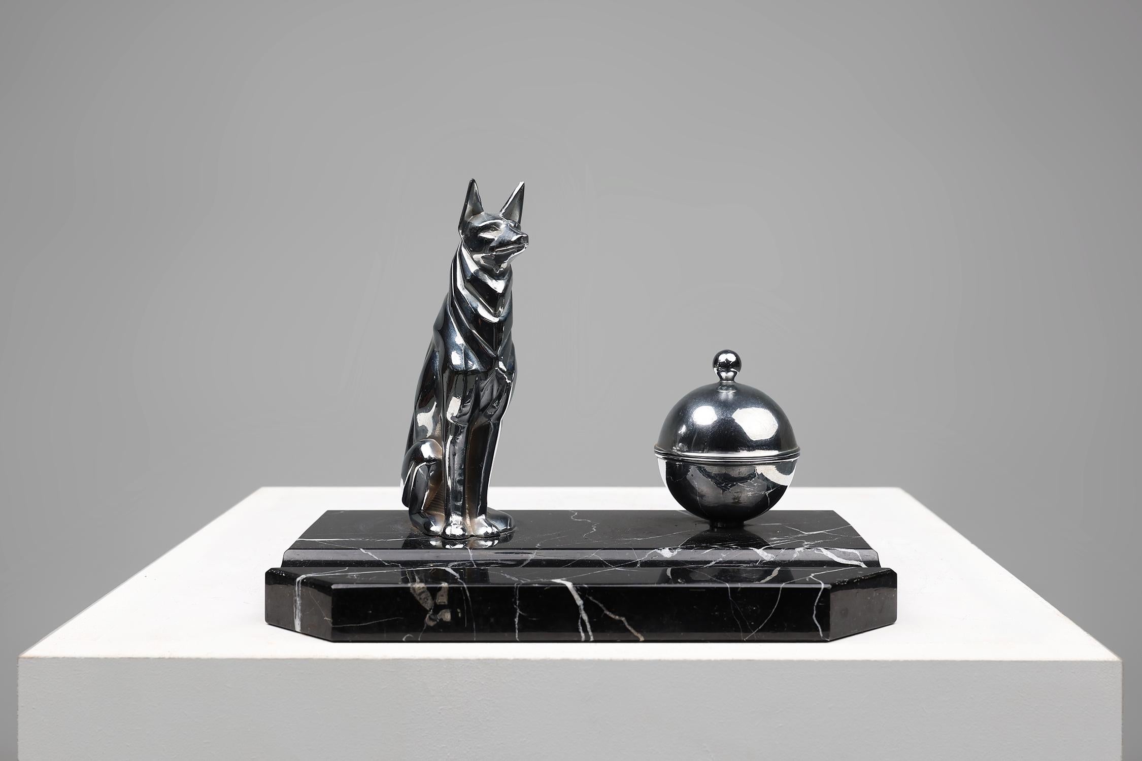 Steel Art Deco inktwell in chrome and marble with statue of a dog, France 1930s