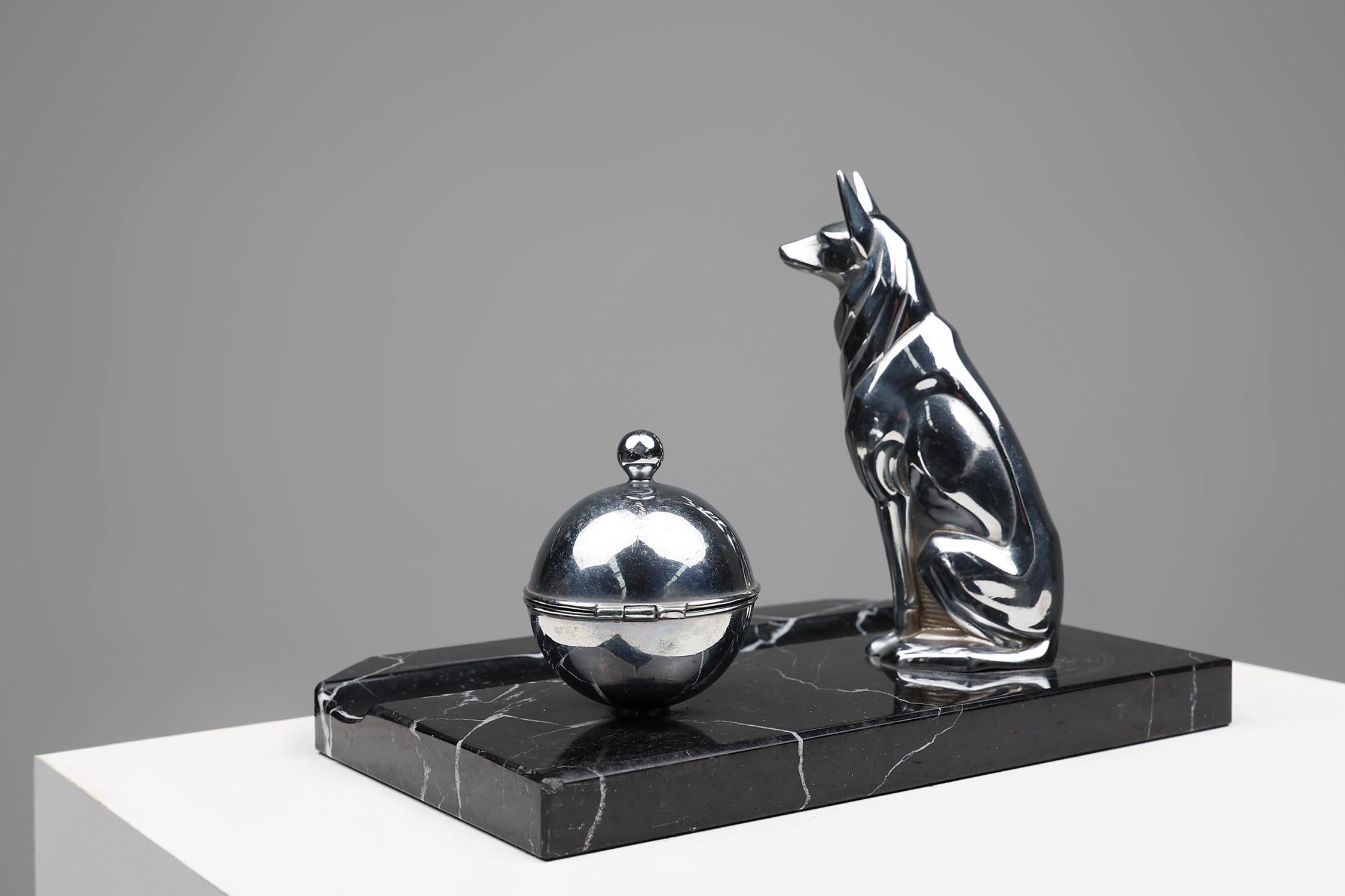 Art Deco inktwell in chrome and marble with statue of a dog, France 1930s 1