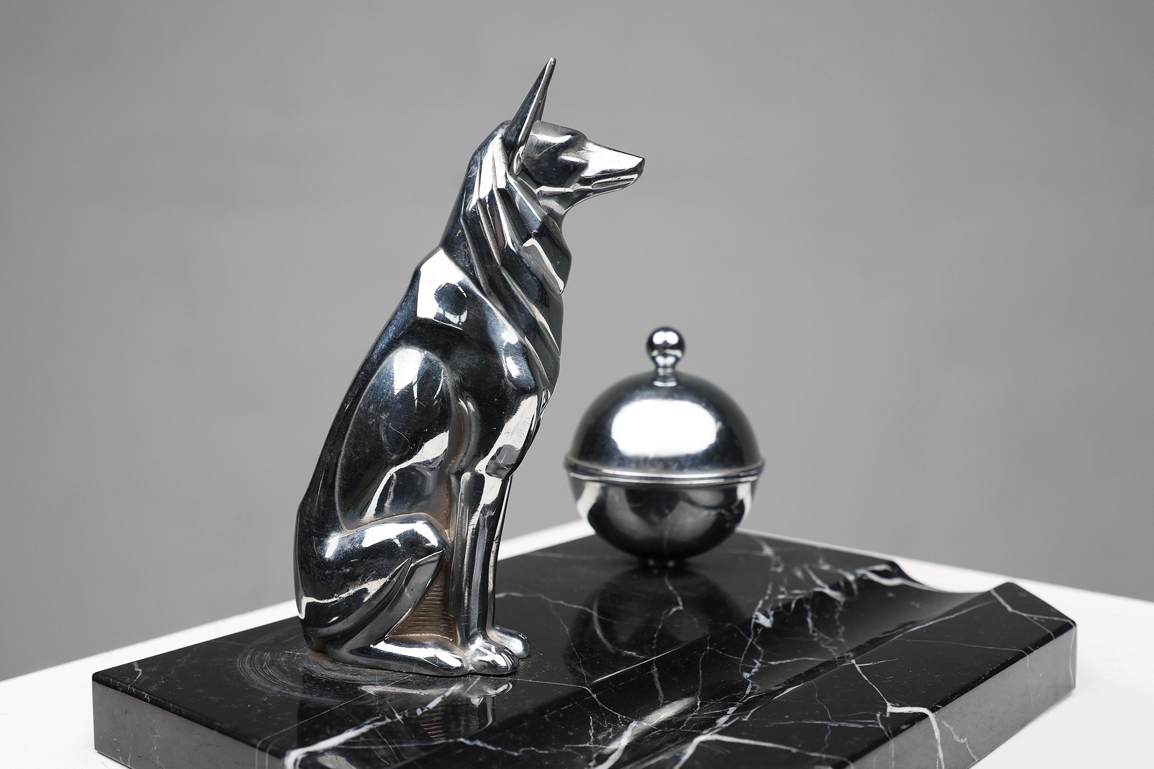 Art Deco inktwell in chrome and marble with statue of a dog, France 1930s 2