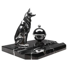 Art Deco inktwell in chrome and marble with statue of a dog, France 1930s