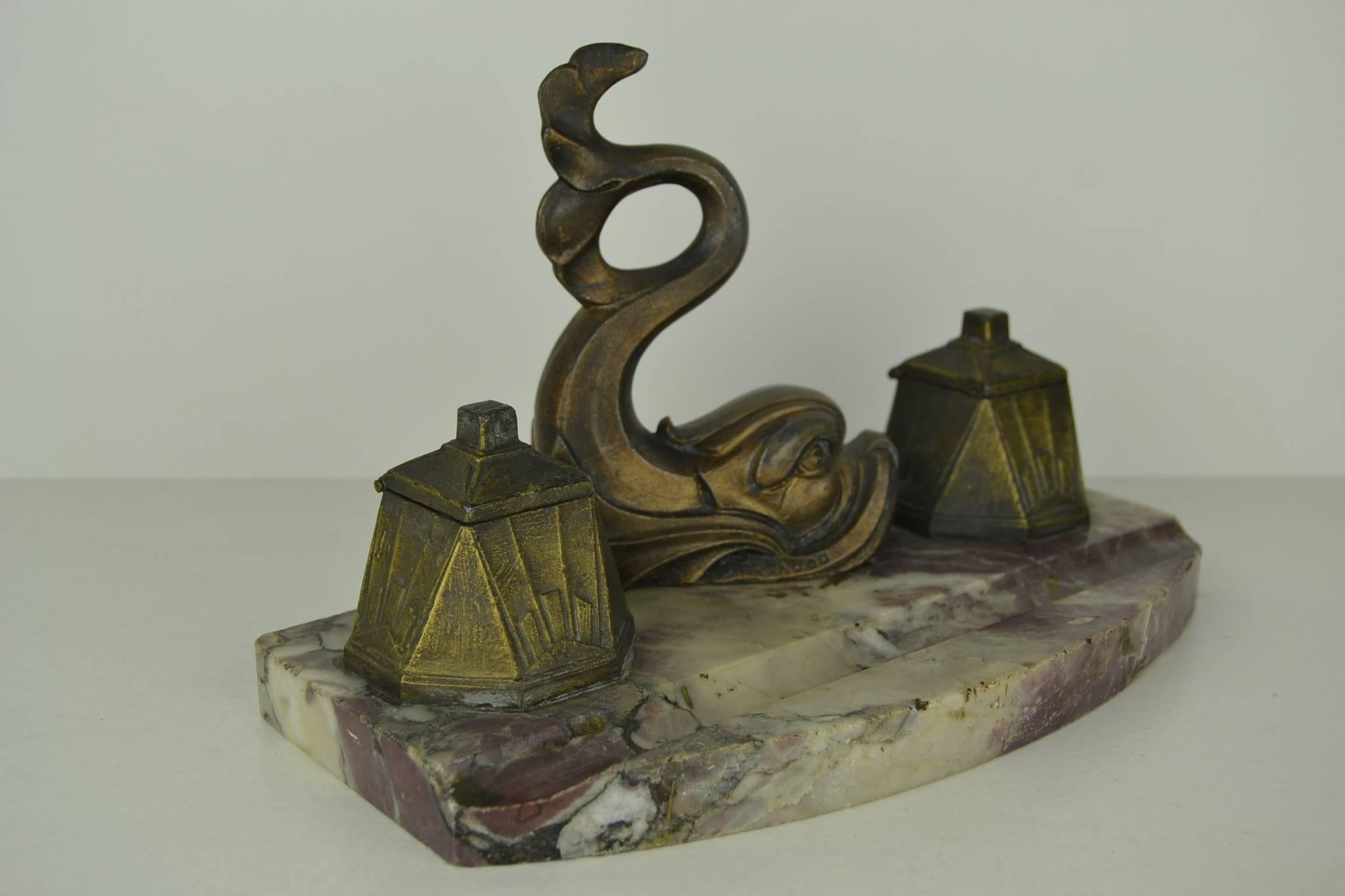 Art Deco Inkwell by Franjou with Dolphin Fish on Marble, France 3