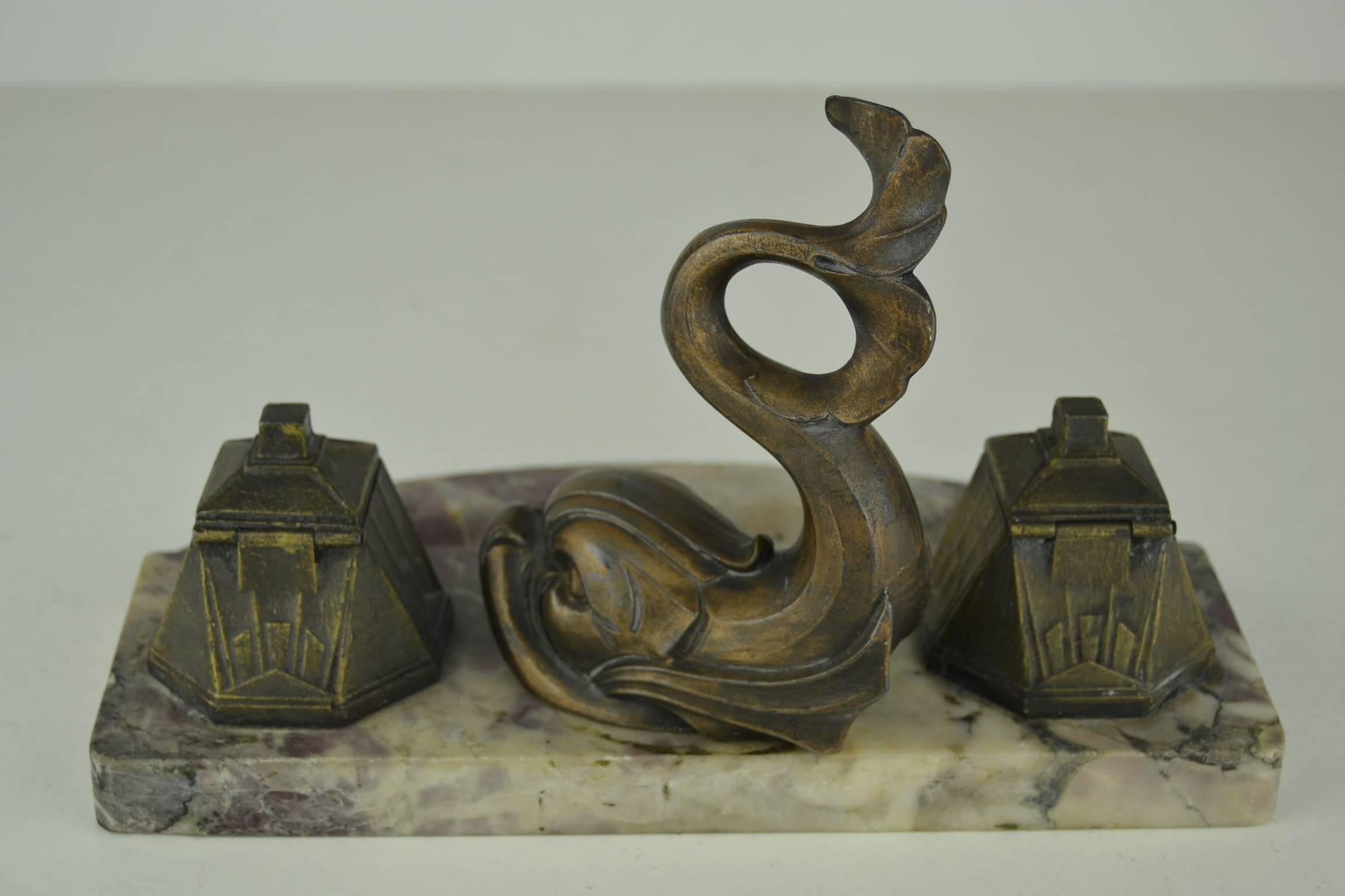 Art Deco Inkwell by Franjou with Dolphin Fish on Marble, France In Good Condition In Antwerp, BE