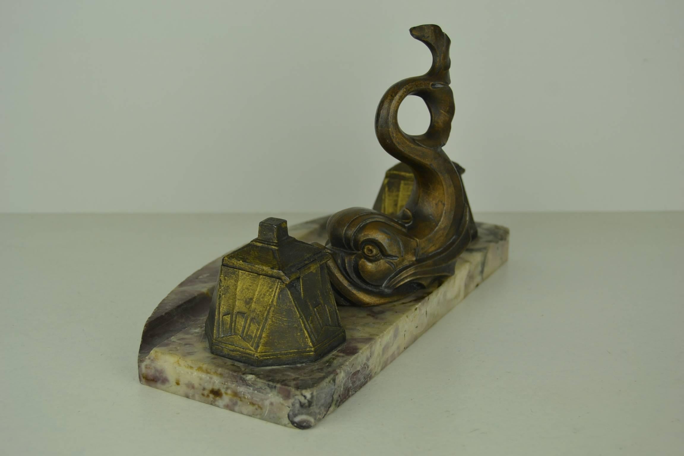 20th Century Art Deco Inkwell by Franjou with Dolphin Fish on Marble, France