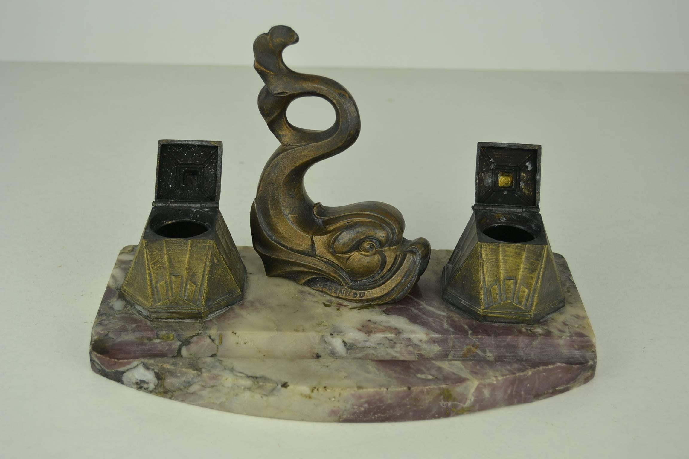 Bronze Art Deco Inkwell by Franjou with Dolphin Fish on Marble, France