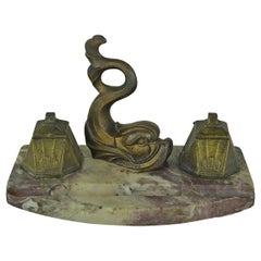 Art Deco Inkwell by Franjou with Dolphin Fish on Marble, France