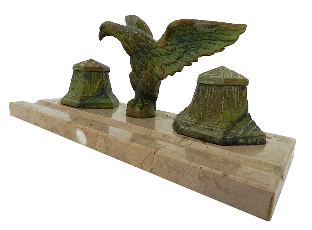 Art Deco Inkstand Eagle on Marble French Desk Inkwell, circa 1930 In Good Condition For Sale In Mimizan, FR