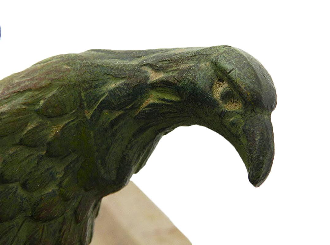 Early 20th Century Art Deco Inkstand Eagle on Marble French Desk Inkwell, circa 1930 For Sale