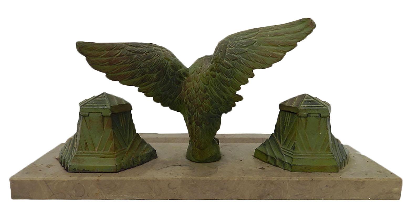 Bronze Art Deco Inkstand Eagle on Marble French Desk Inkwell, circa 1930 For Sale