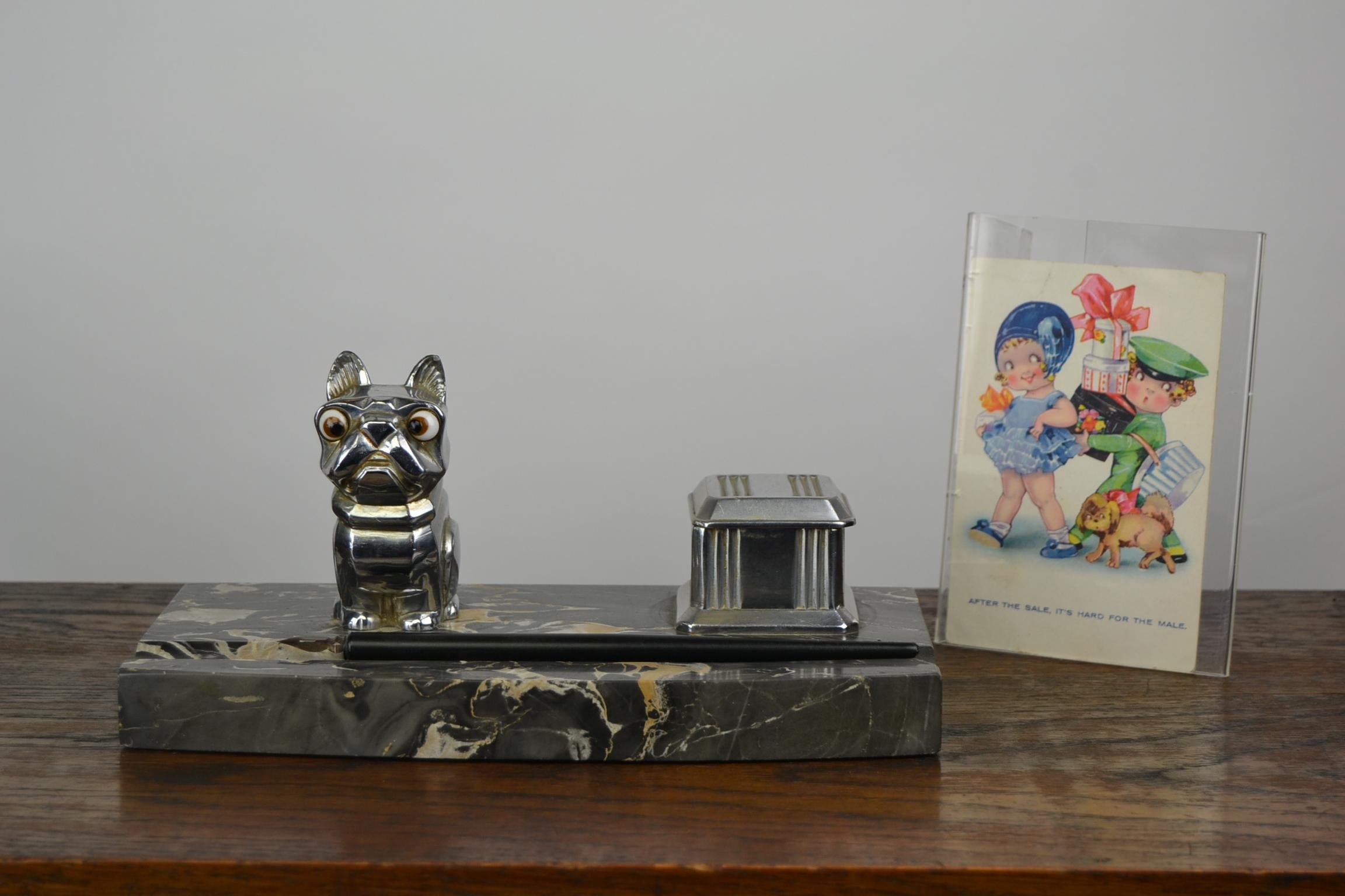 Art Deco Inkwell with Chromed French Bulldog Figurine H. Moreau, 1920s, France 14