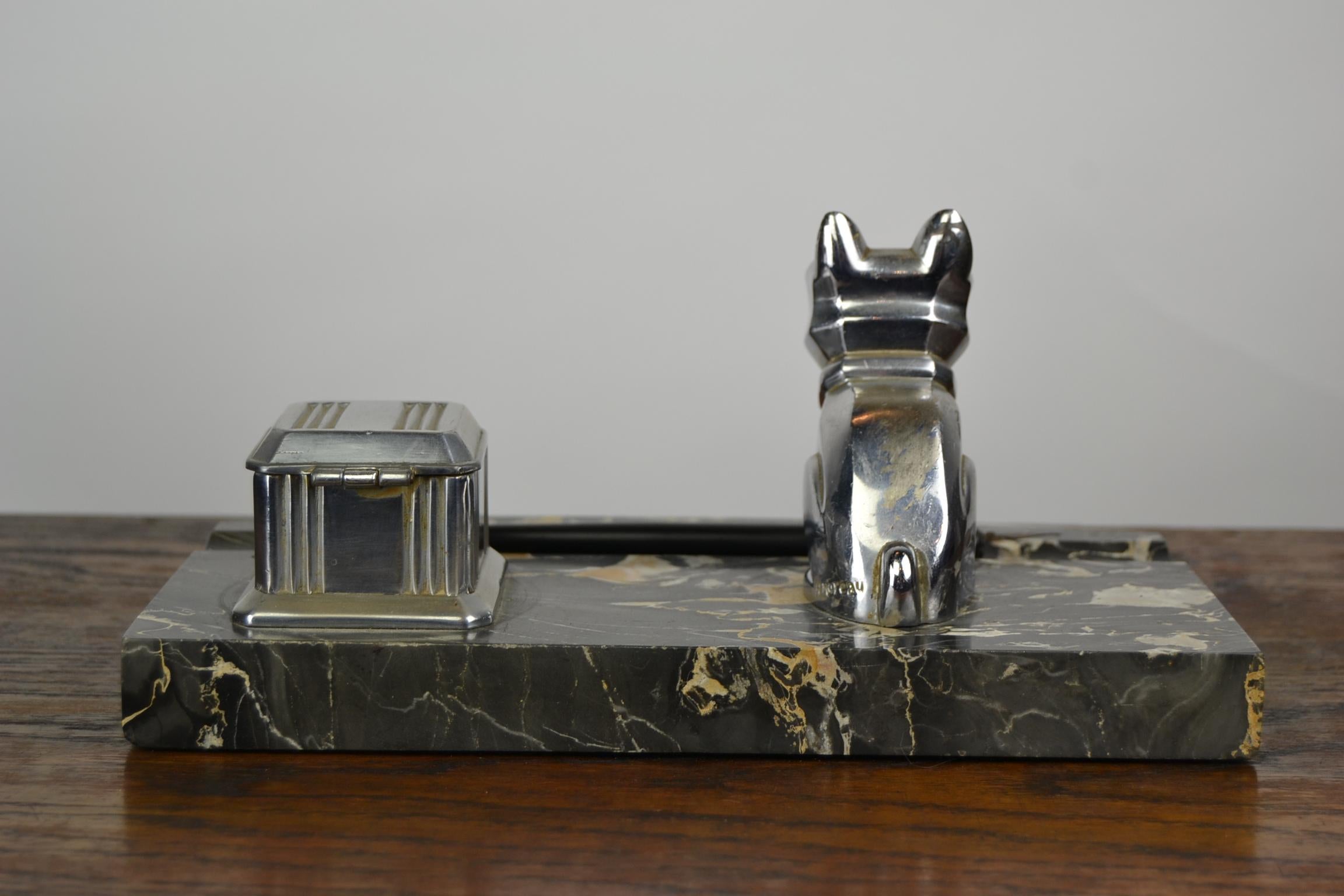 Art Deco Inkwell with Chromed French Bulldog Figurine H. Moreau, 1920s, France In Good Condition In Antwerp, BE