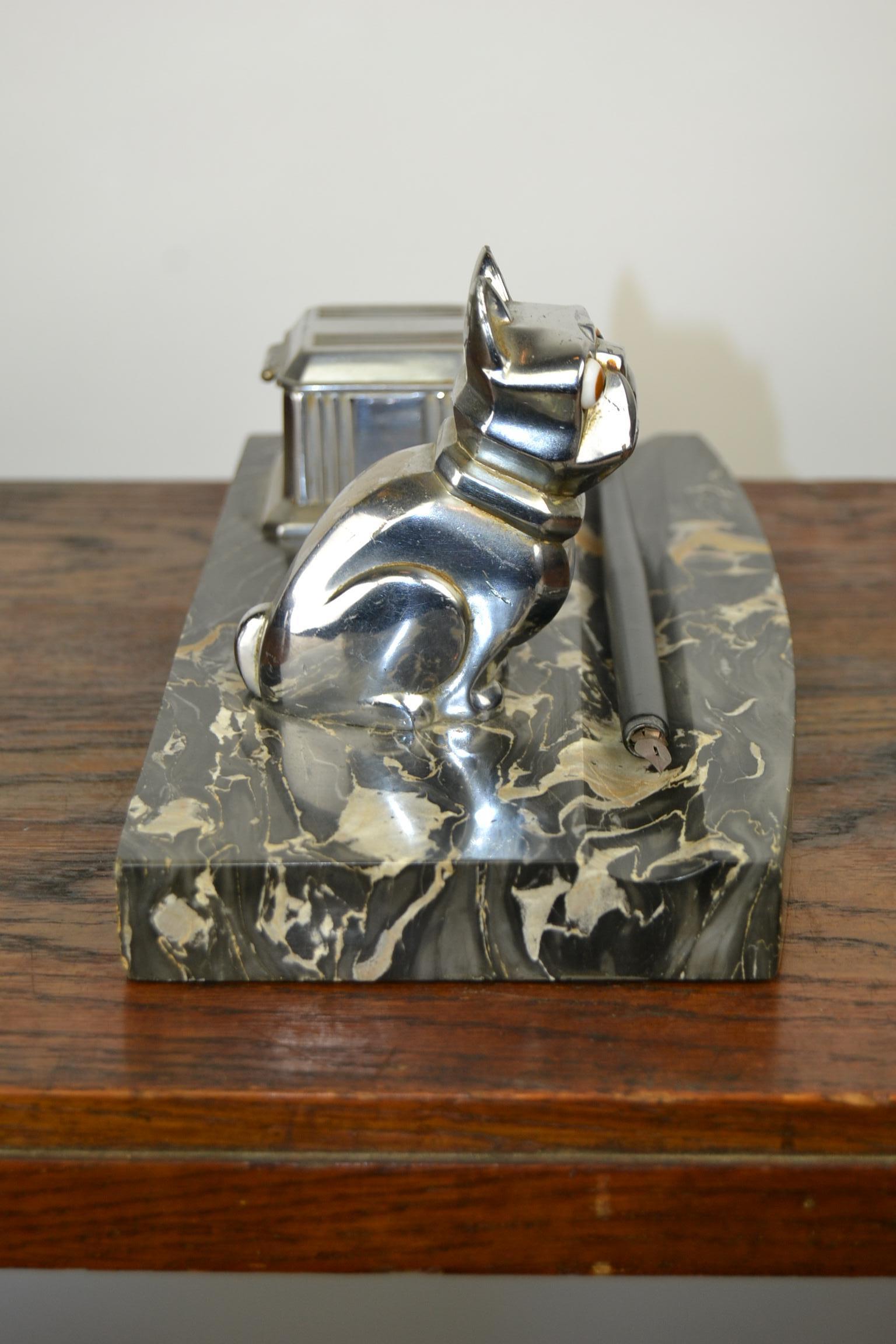 20th Century Art Deco Inkwell with Chromed French Bulldog Figurine H. Moreau, 1920s, France