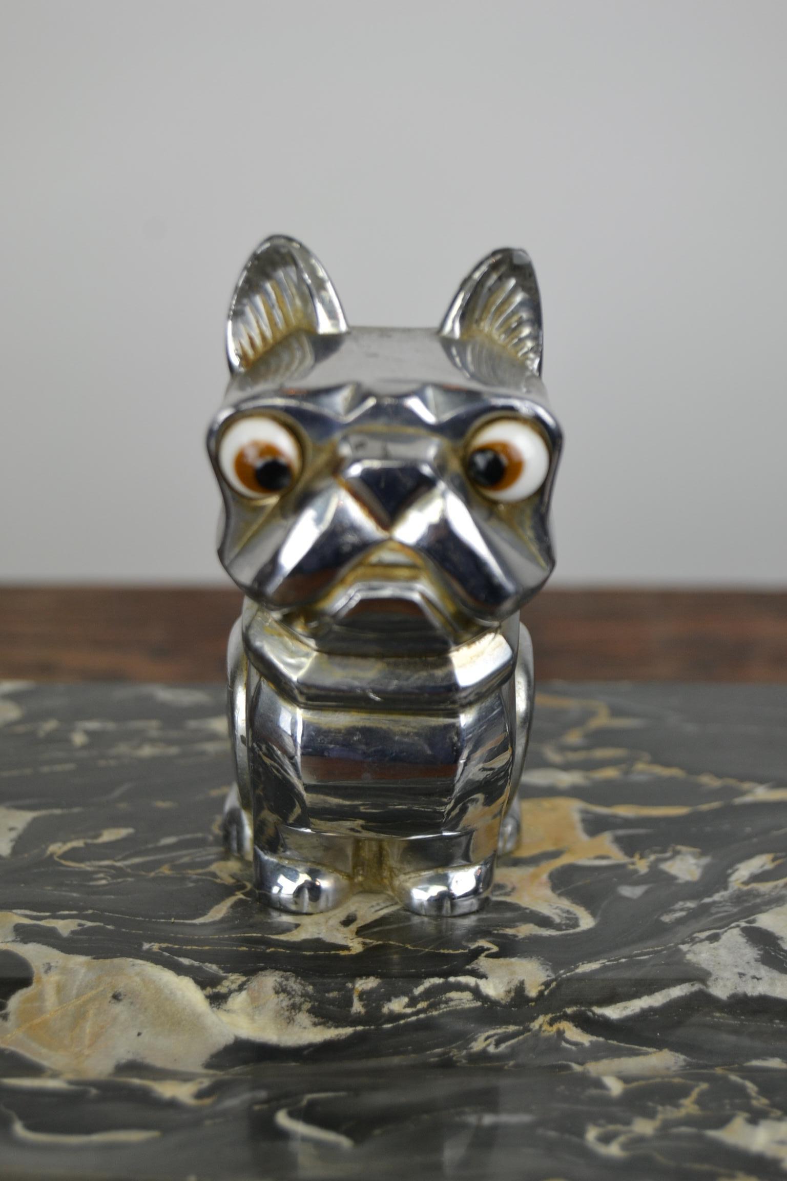 Glass Art Deco Inkwell with Chromed French Bulldog Figurine H. Moreau, 1920s, France