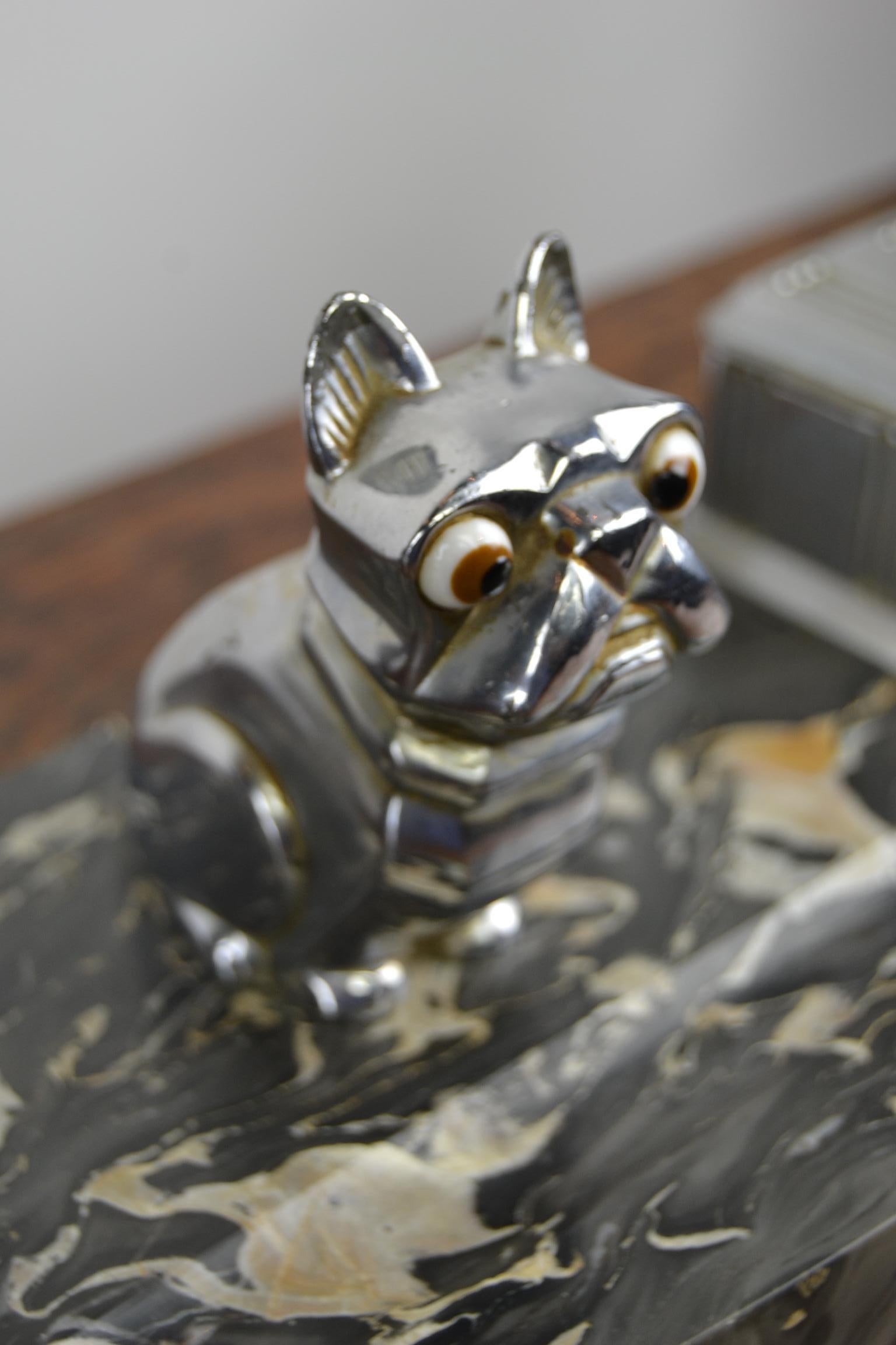 Art Deco Inkwell with Chromed French Bulldog Figurine H. Moreau, 1920s, France 1