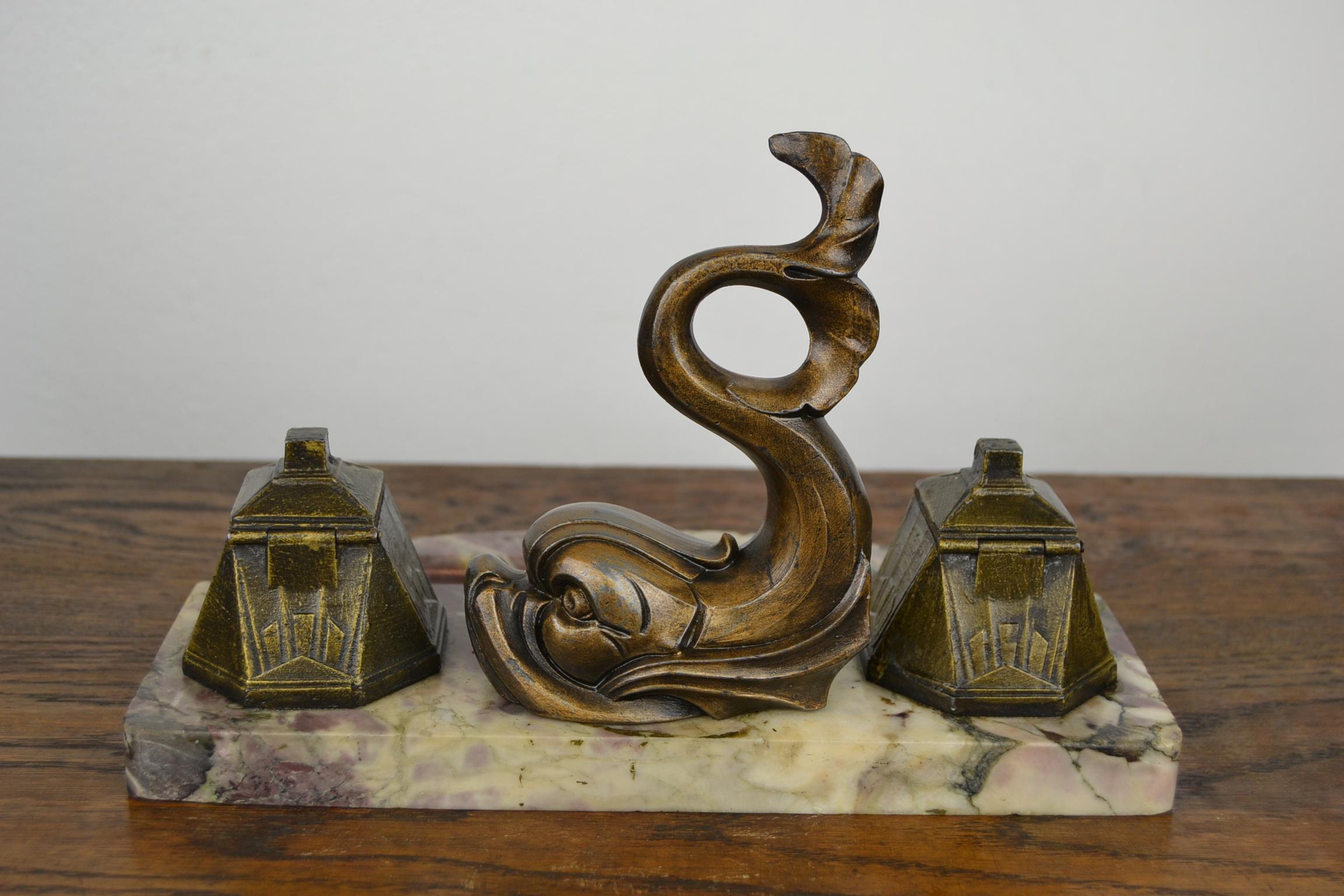 Art Deco Inkwell with Fish by Franjou, France 8