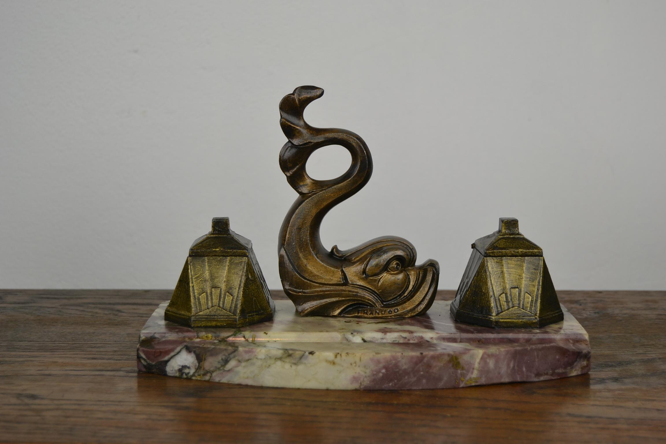 Art Deco Inkwell with Fish by Franjou, France 12