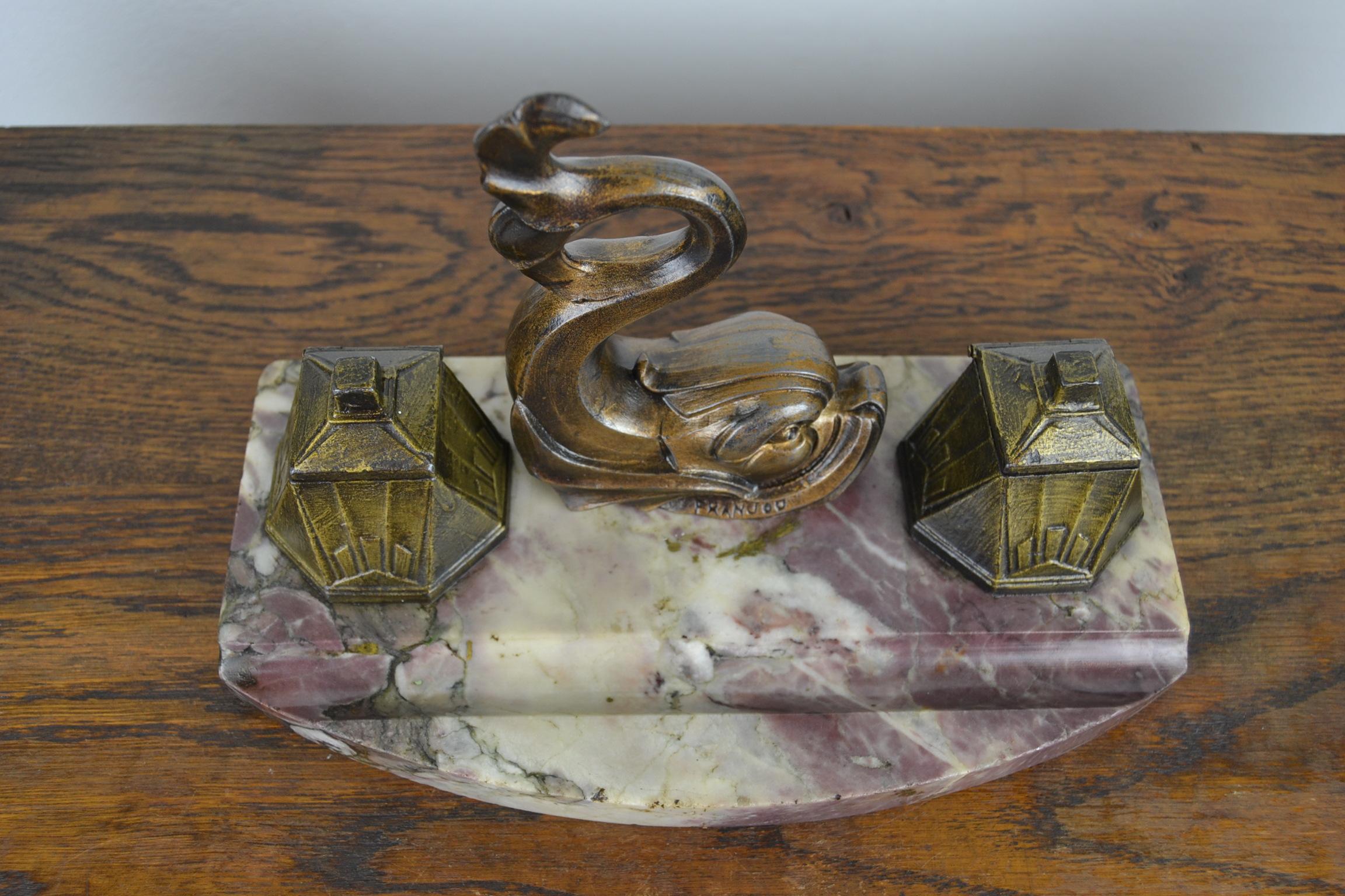Patinated Art Deco Inkwell with Fish by Franjou, France