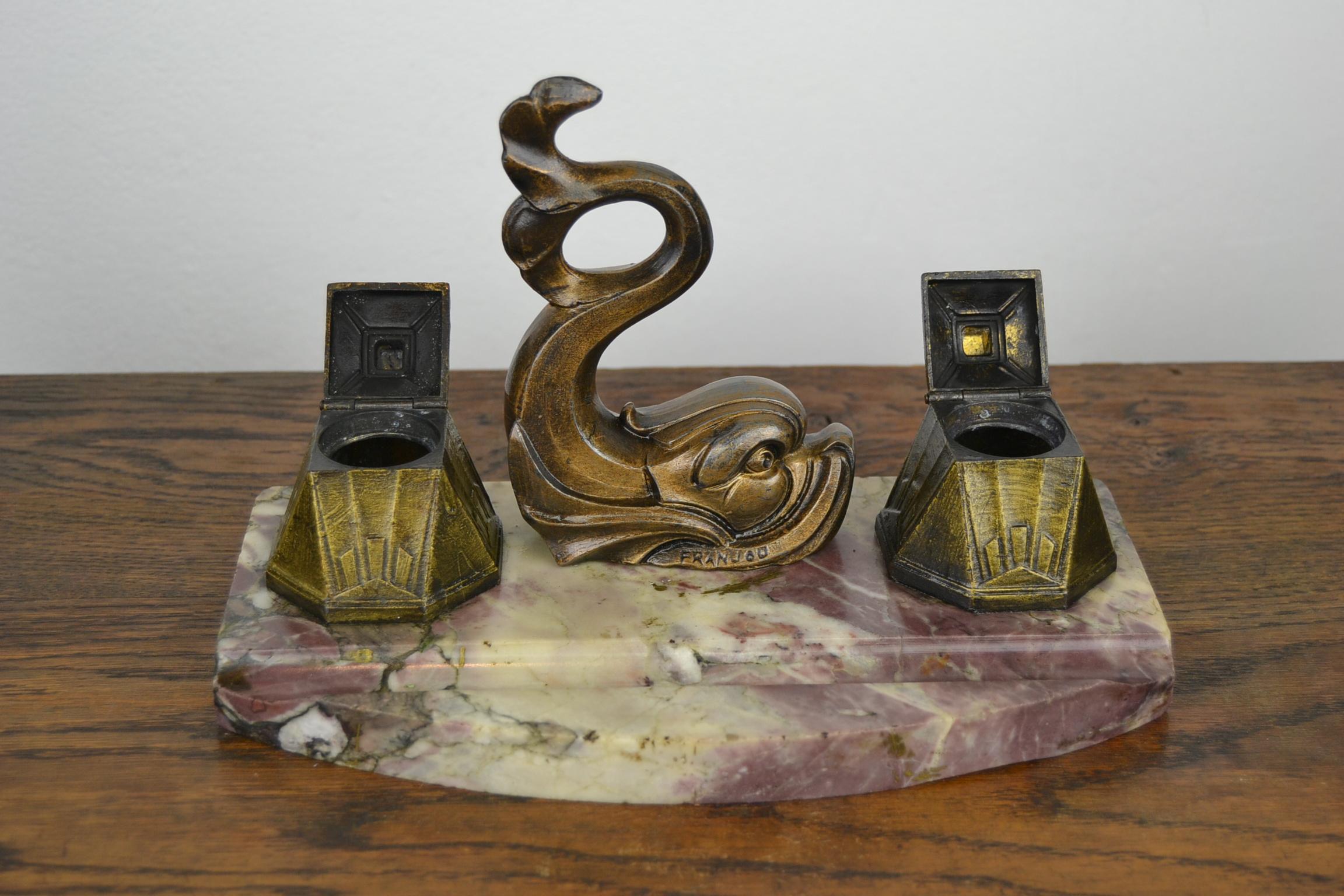 Bronze Art Deco Inkwell with Fish by Franjou, France