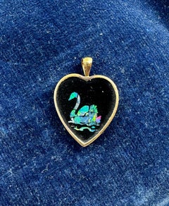 Art Deco Intarsien Schwarz Opal Schwan Herz Vogel Anhänger Halskette 14 Karat Gold Onyx