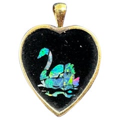Art Deco Intarsien Schwarz Opal Schwan Herz Vogel Anhänger Halskette 14 Karat Gold Onyx