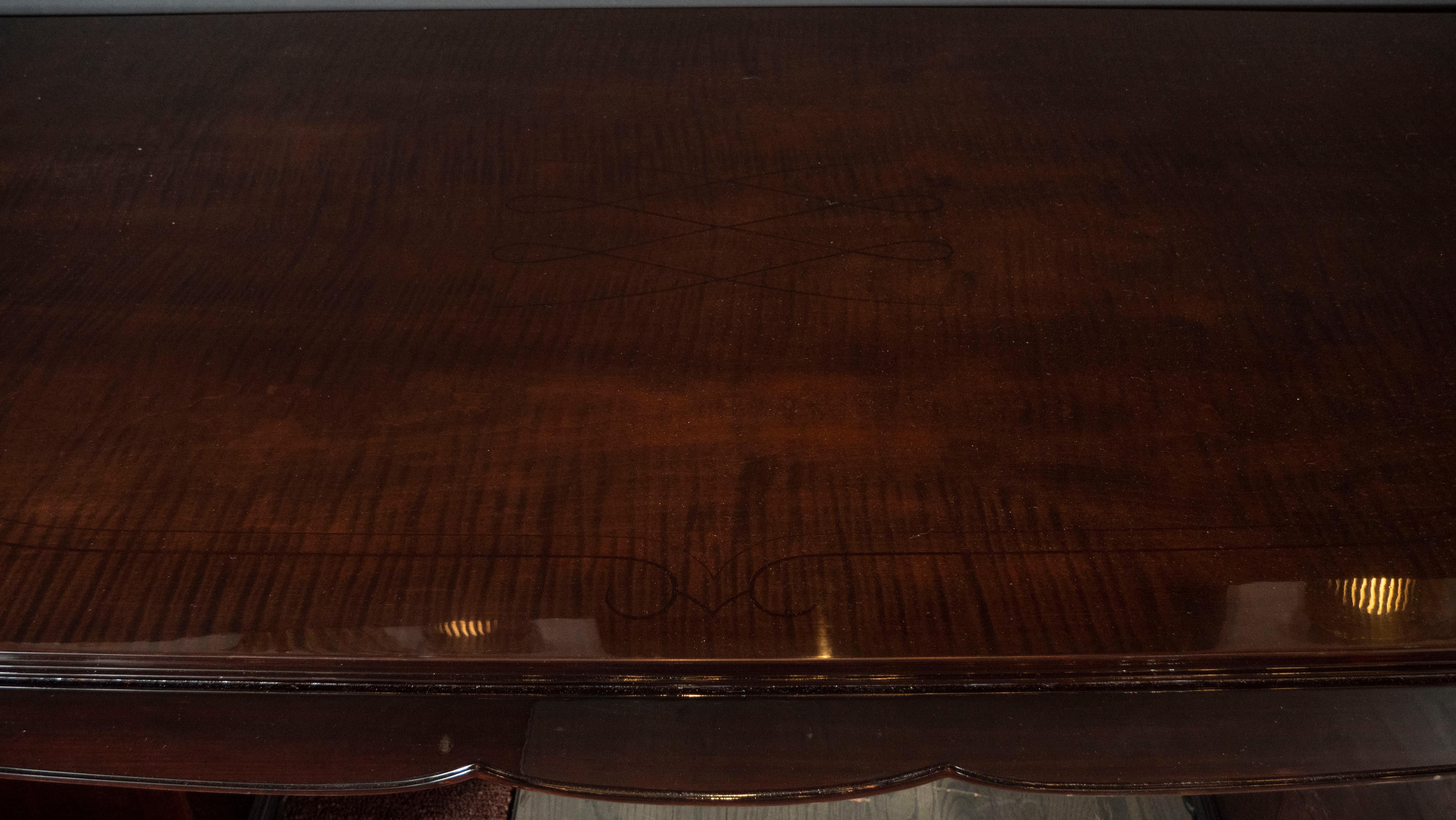 French Art Deco Inlaid Mahogany Dining Table with Nickeled Sabots, Manner of Adnet