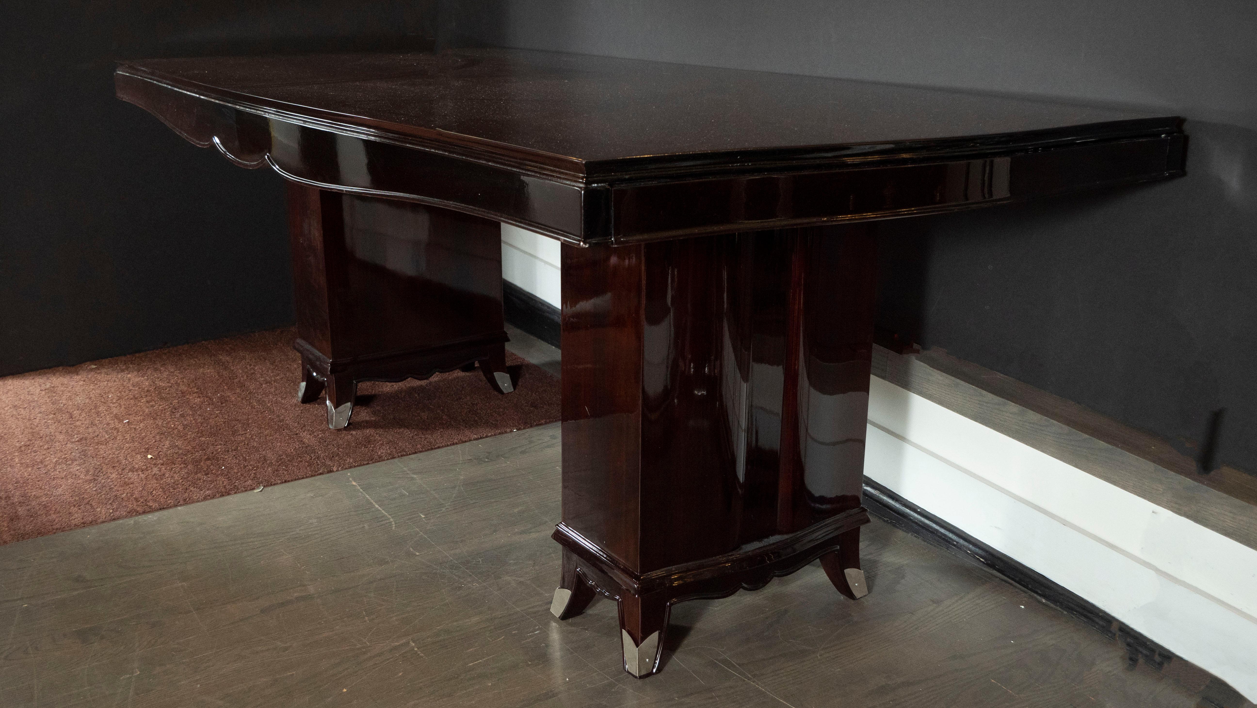 Art Deco Inlaid Mahogany Dining Table with Nickeled Sabots, Manner of Adnet In Excellent Condition In New York, NY