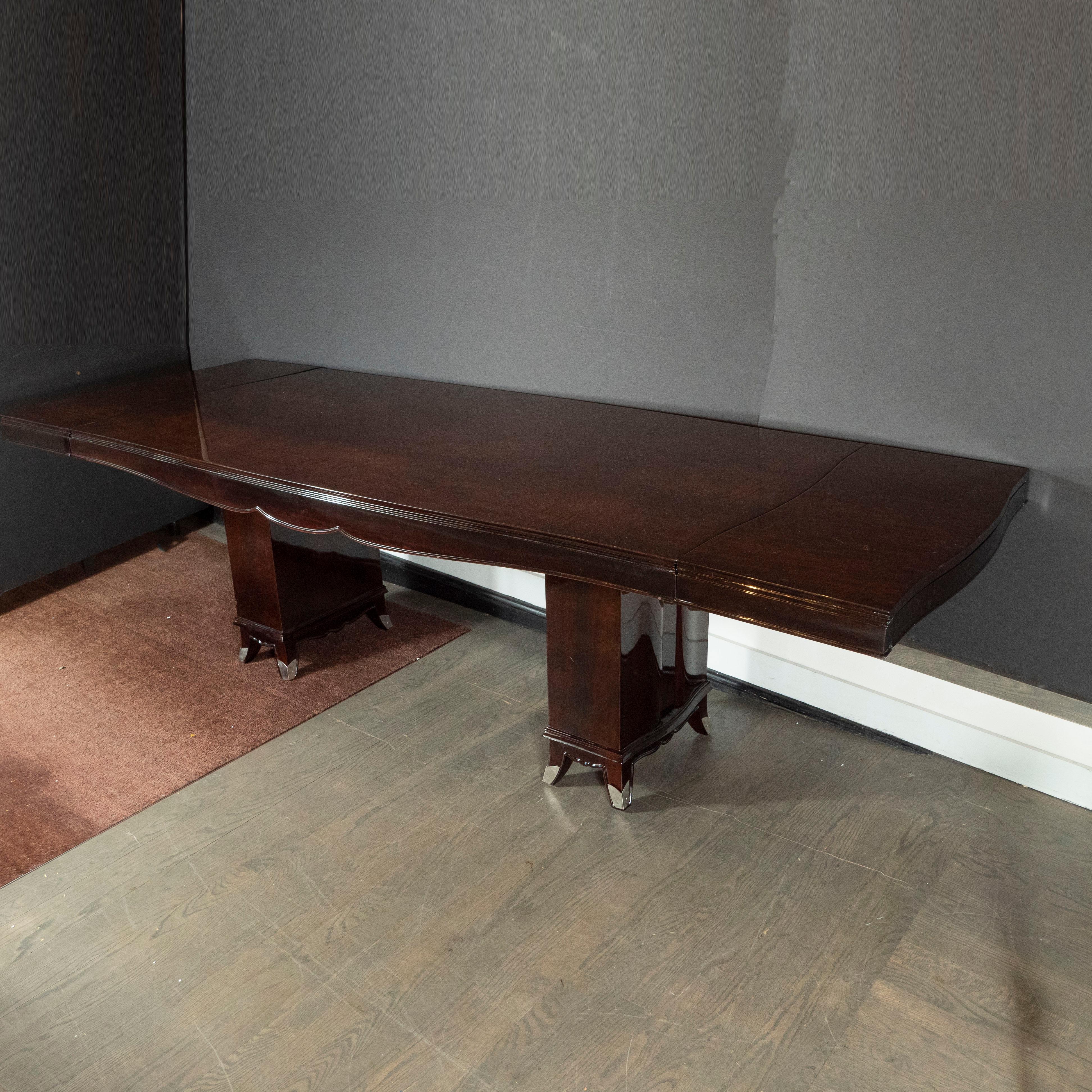Art Deco Inlaid Mahogany Dining Table with Nickeled Sabots, Manner of Adnet 2