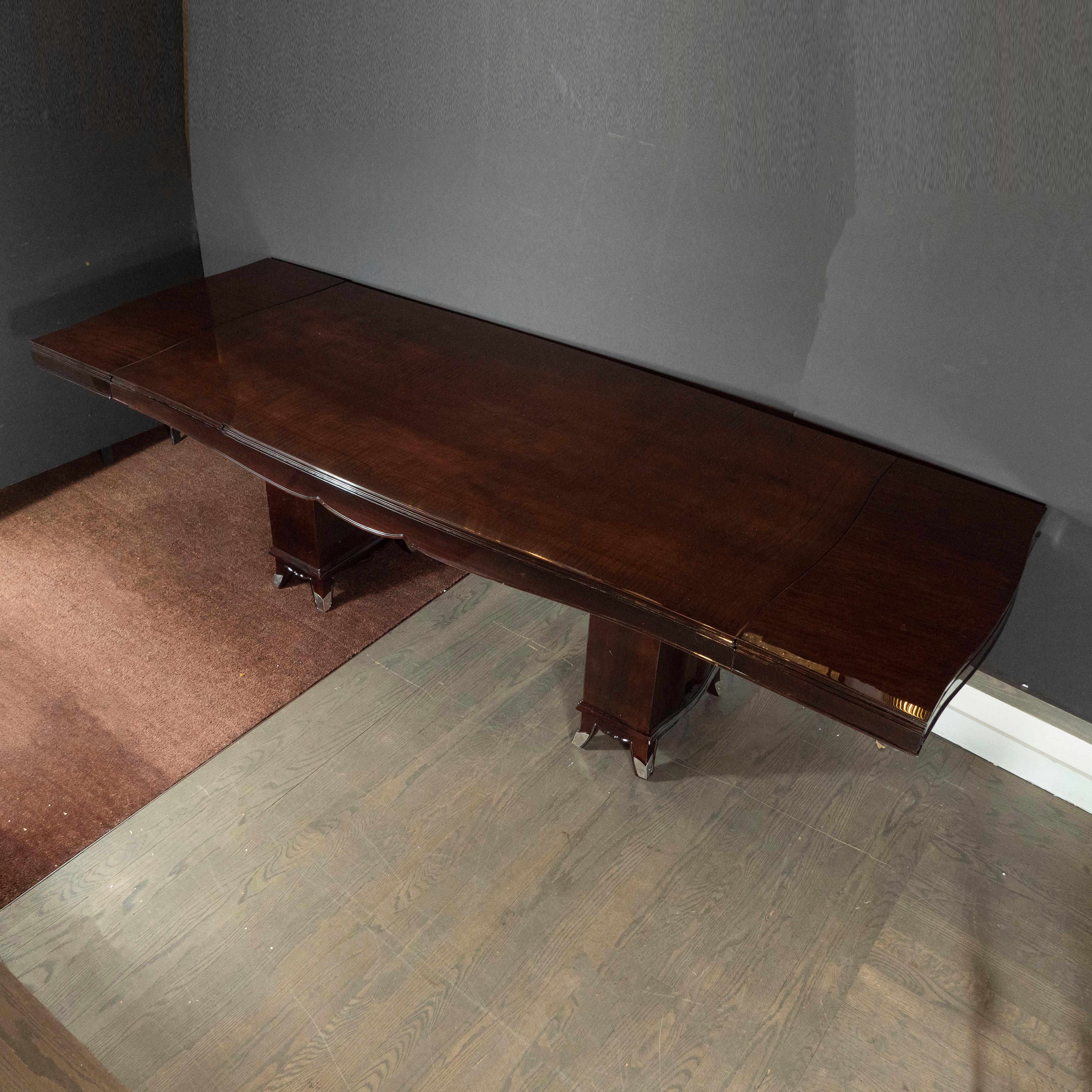 Art Deco Inlaid Mahogany Dining Table with Nickeled Sabots, Manner of Adnet 4