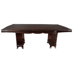 Art Deco Inlaid Mahogany Dining Table with Nickeled Sabots, Manner of Adnet