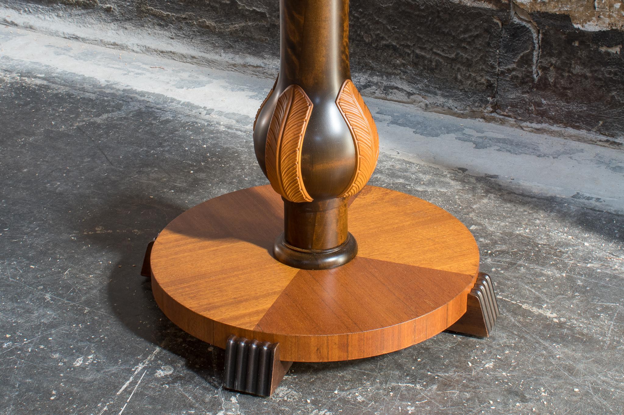 Art Deco Inlaid Round Side or End Table with Mahogany, Birch, Jacaranda and Burl In Good Condition In Atlanta, GA