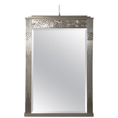 Antique Art Deco Inlaid Silver Wood Frame Mirror with Beveled Original Glass