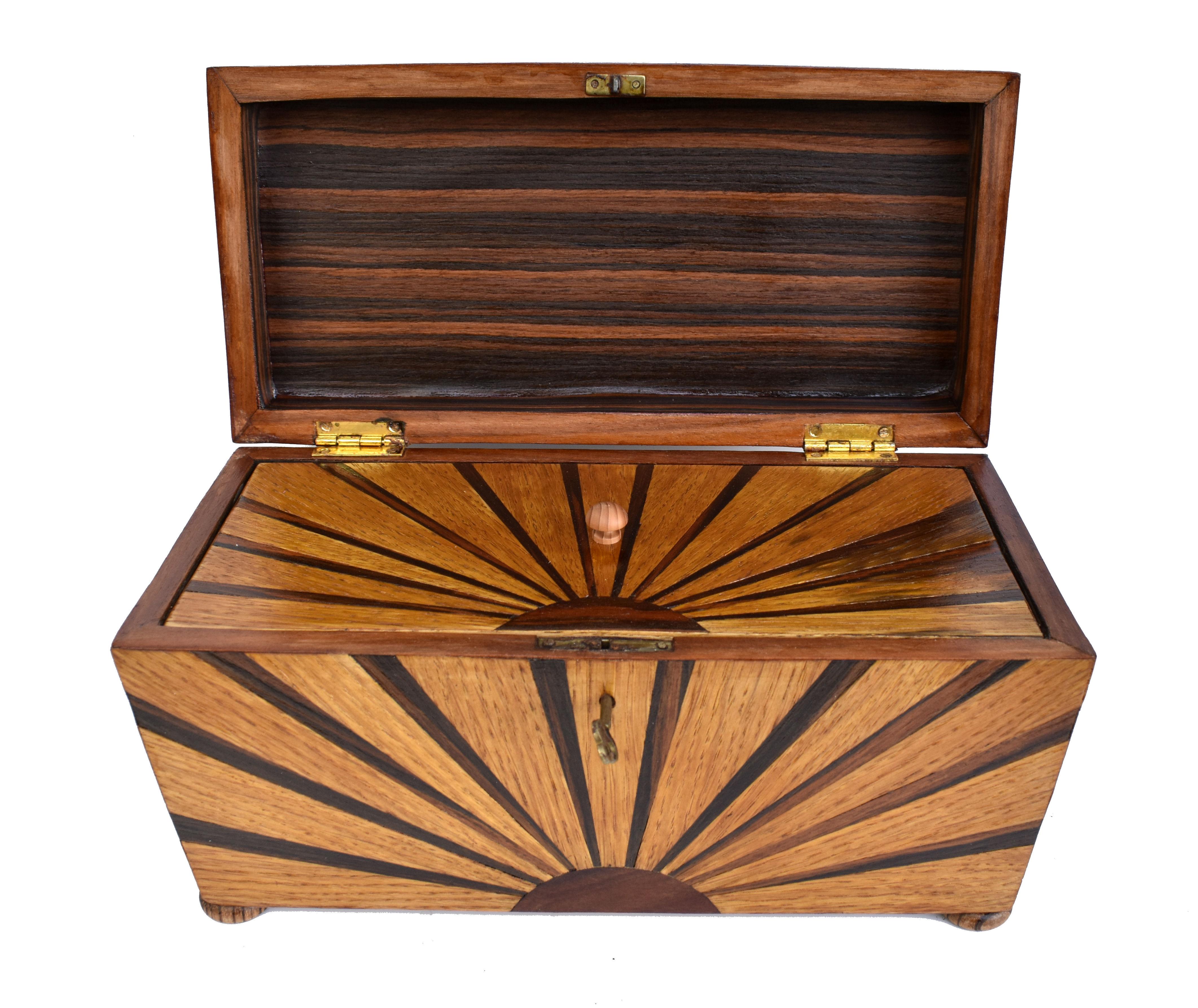 English Art Deco Inlaid 'Sunray' Inlaid Tea Caddy Box with Key, c1930 For Sale