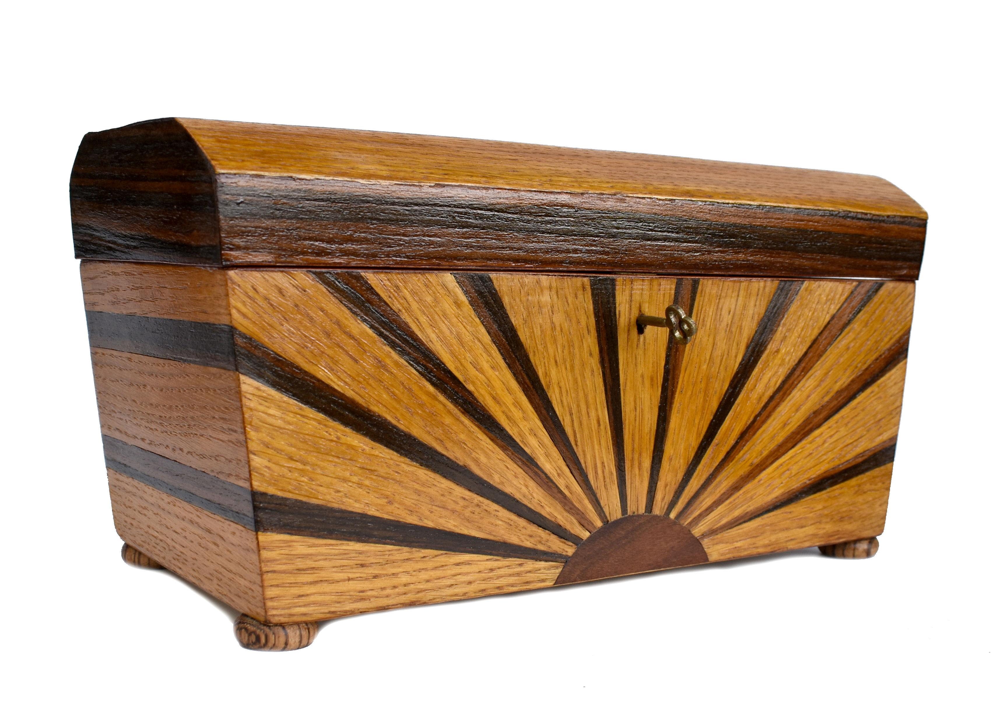 Art Deco Inlaid 'Sunray' Inlaid Tea Caddy Box with Key, c1930 In Good Condition For Sale In Devon, England