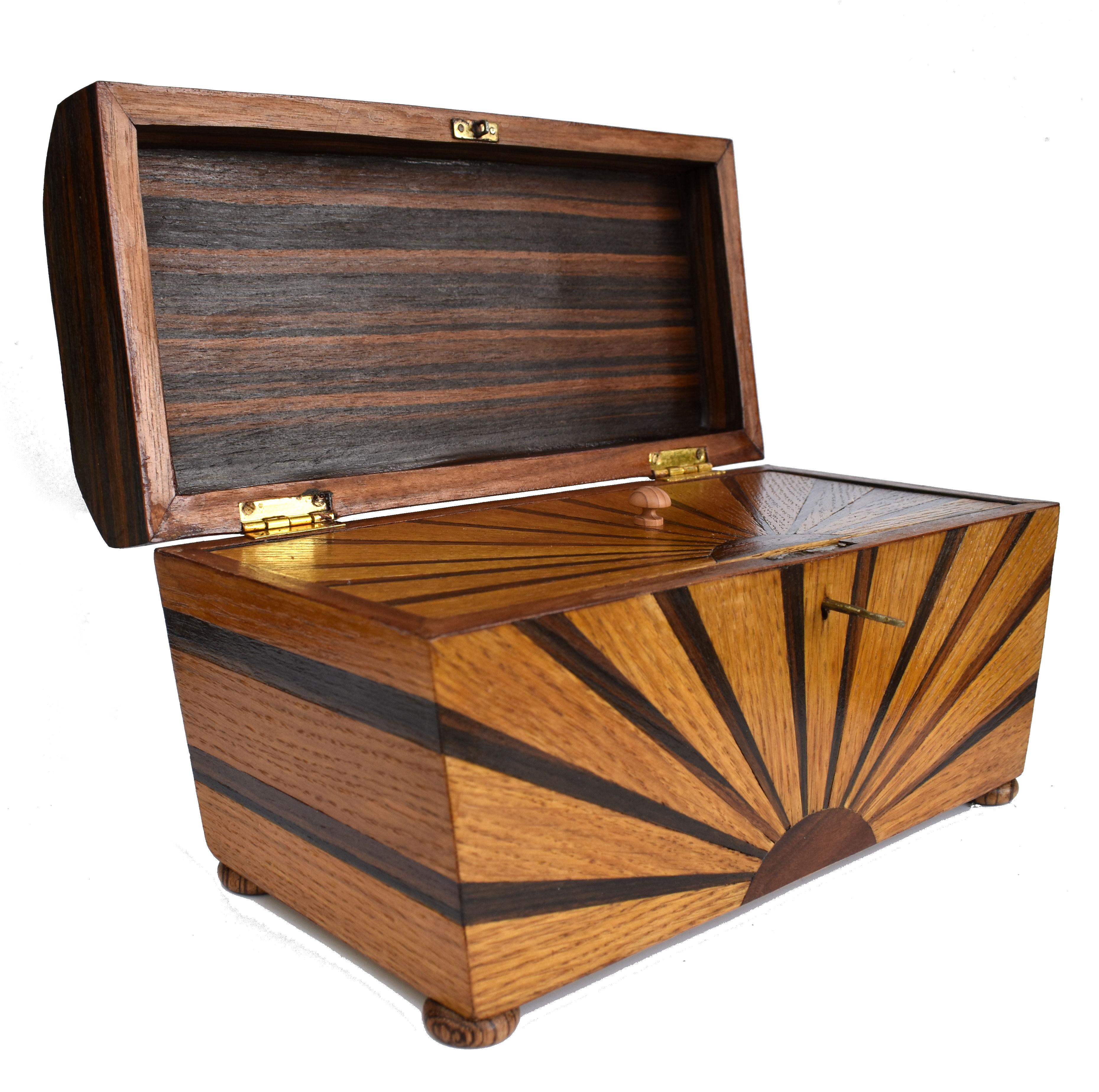 Art Deco Inlaid 'Sunray' Inlaid Tea Caddy Box with Key, c1930 For Sale 3