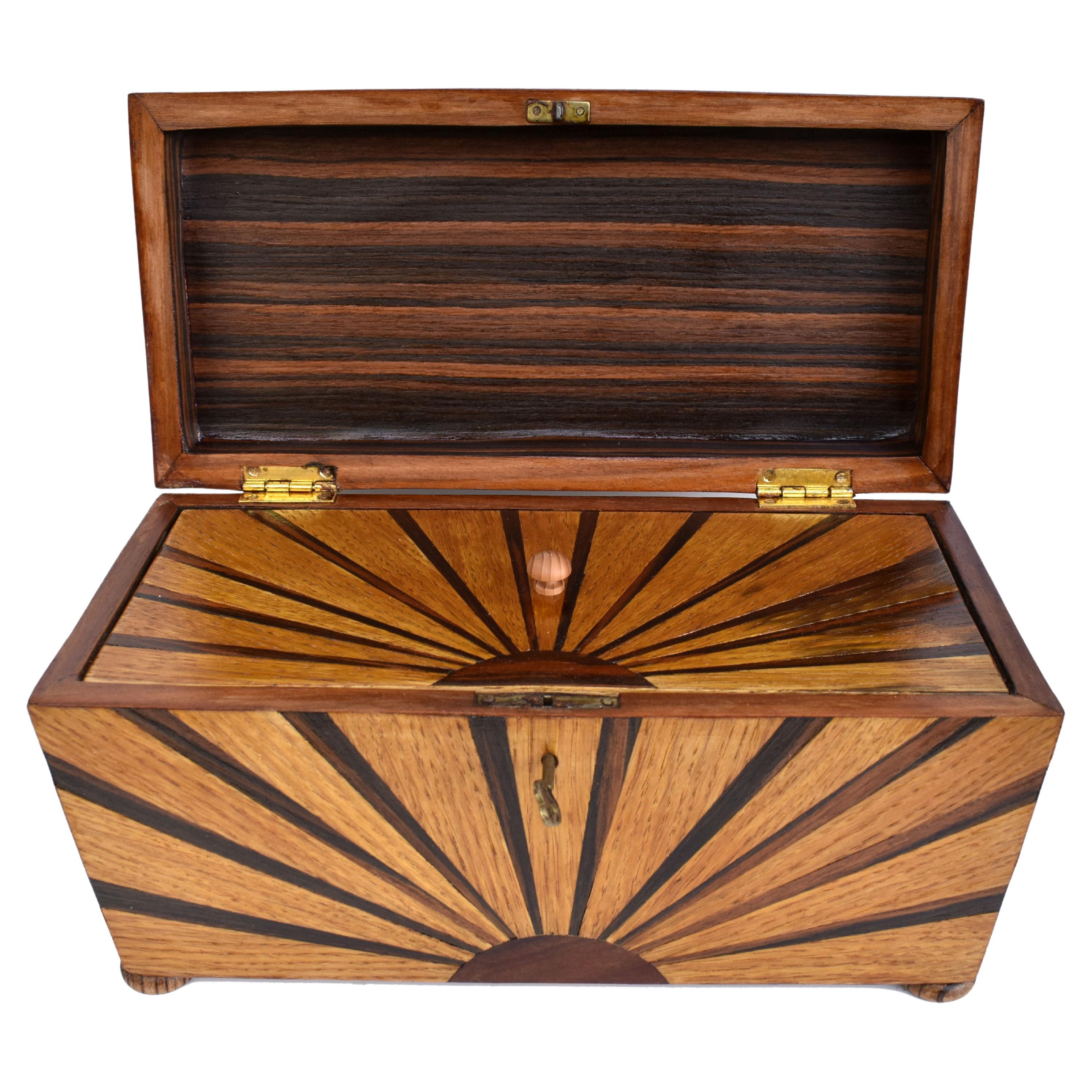 Art Deco Inlaid 'Sunray' Inlaid Tea Caddy Box with Key, c1930 For Sale
