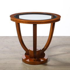 Art Deco Inset Glass Top Gueridon Table in Hand-Rubbed Walnut w/ Inlayed Details