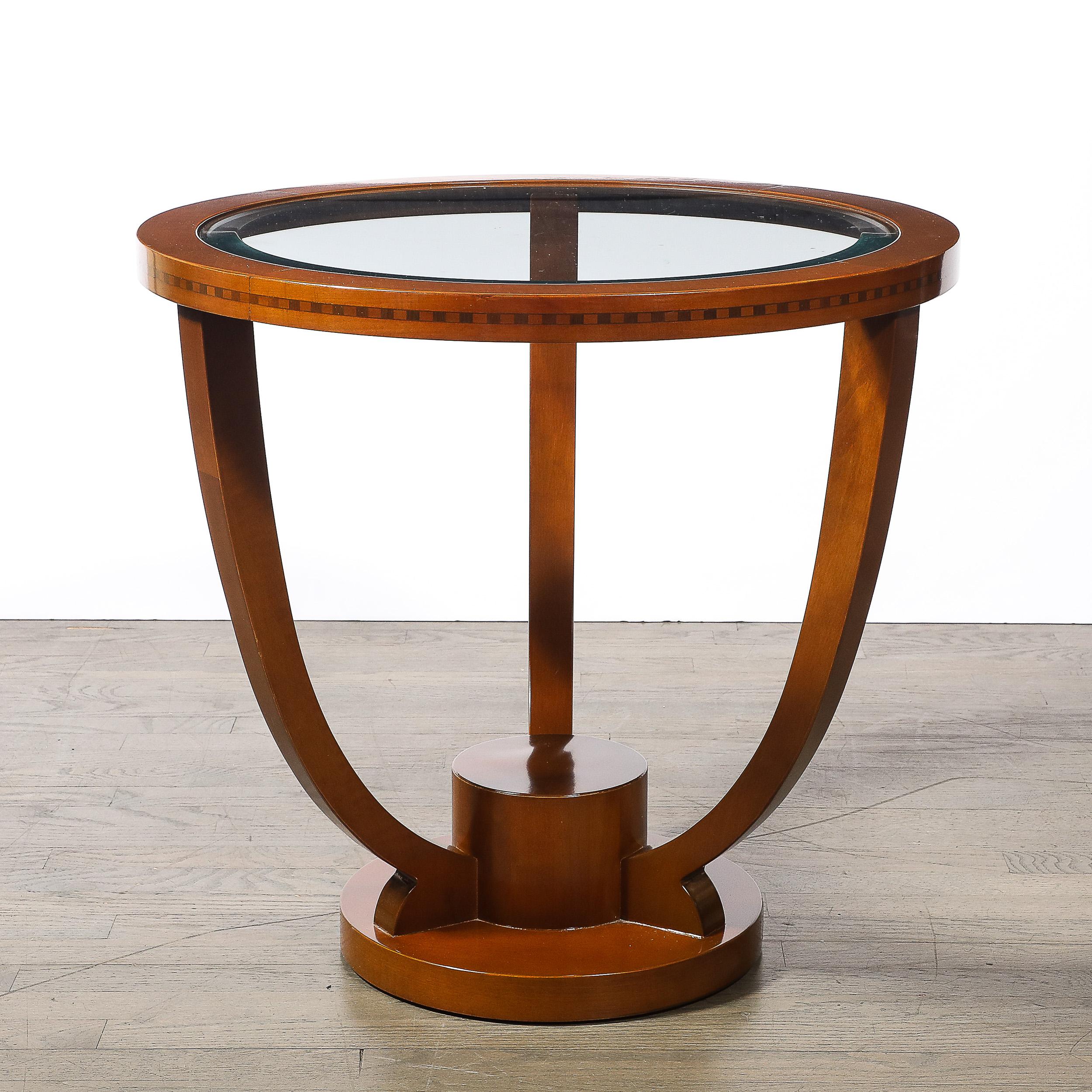 Tavolo Gueridon con piano in vetro incassato Art Déco in noce strofinato a mano con dettagli intarsiati in vendita 3