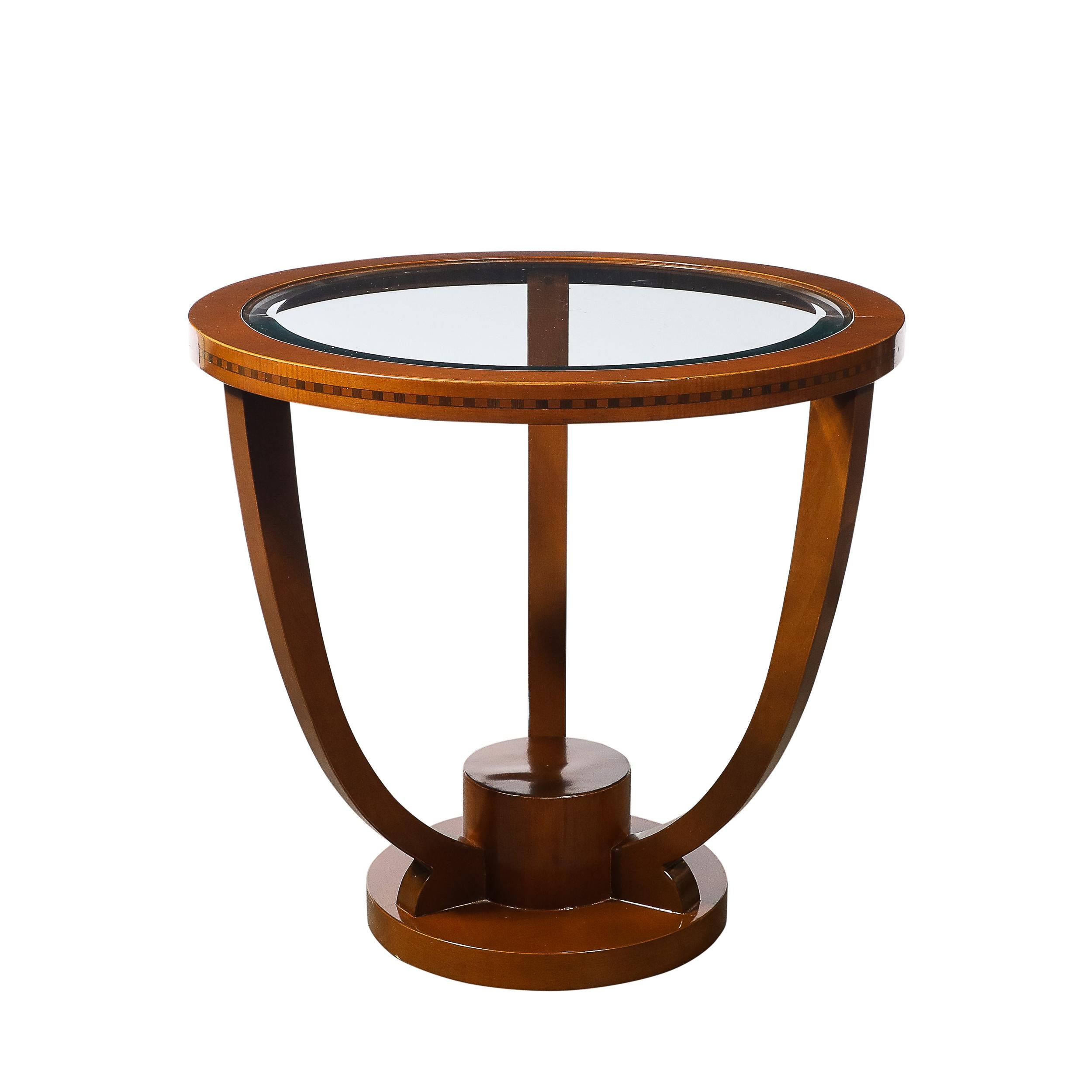 Table Guéridon Art Déco à plateau de verre encastré en noyer frotté à la main avec détails incrustés