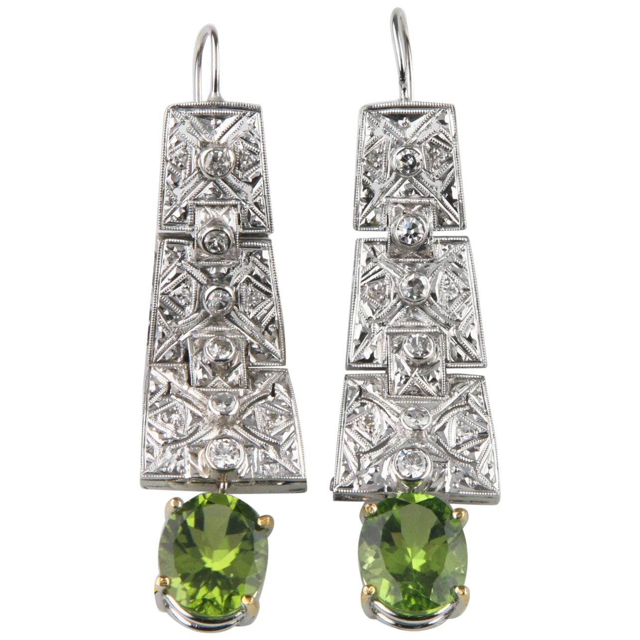 Art Deco Style Green Peridot and Diamonds Dangle Earrings Set in 14 Karat Gold For Sale