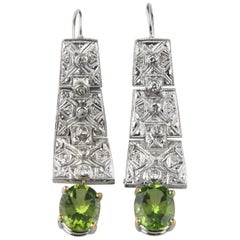Retro Art Deco Style Green Peridot and Diamonds Dangle Earrings Set in 14 Karat Gold
