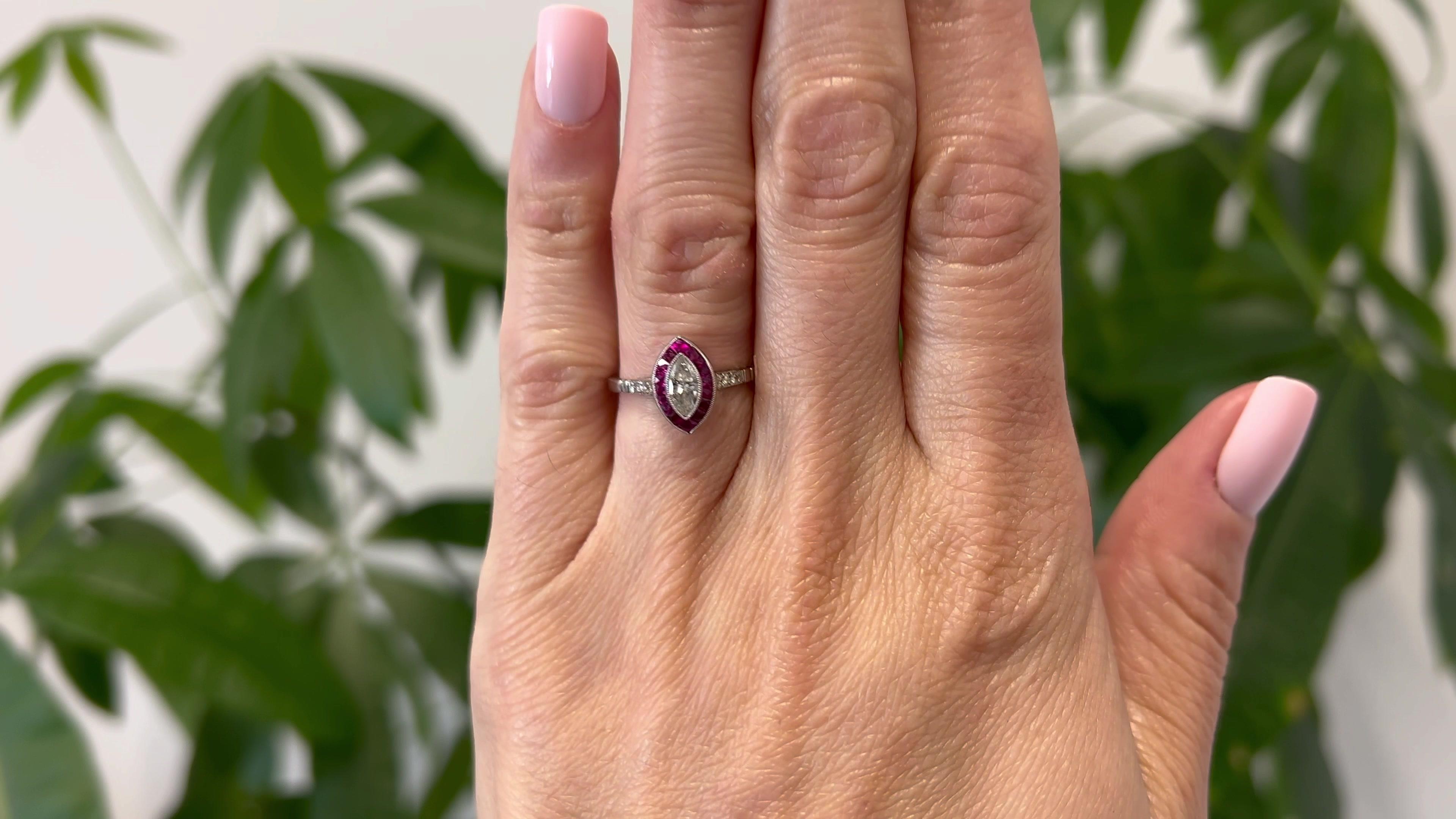 Art Deco Inspired 0.33 Carat Marquise Cut Diamond Ruby Platinum Ring In Excellent Condition For Sale In Beverly Hills, CA