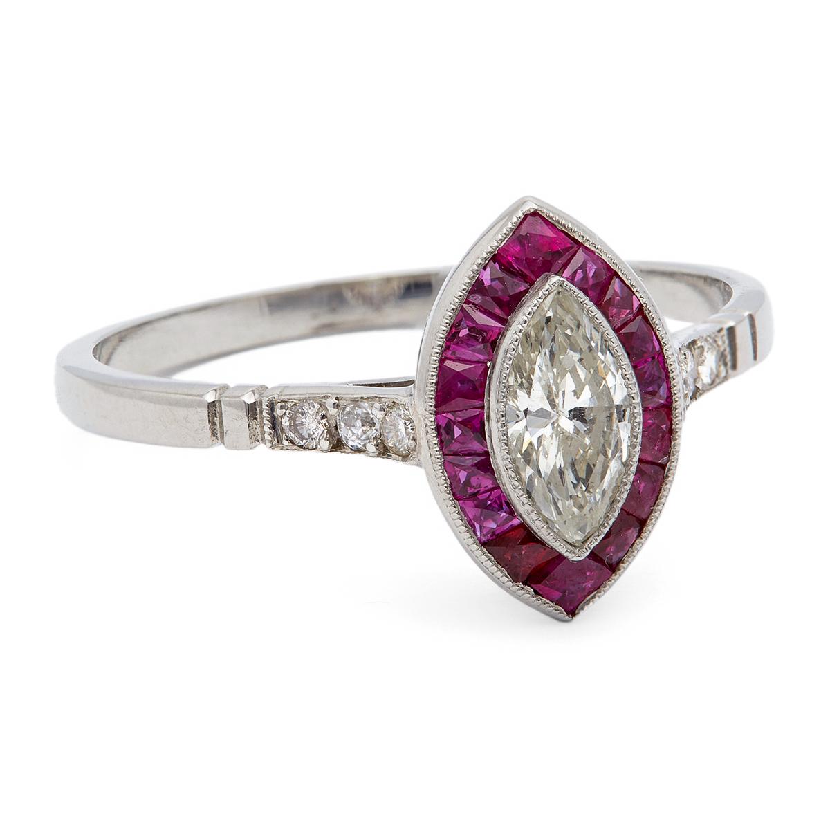 Art Deco Inspired 0.33 Carat Marquise Cut Diamond Ruby Platinum Ring For Sale 1